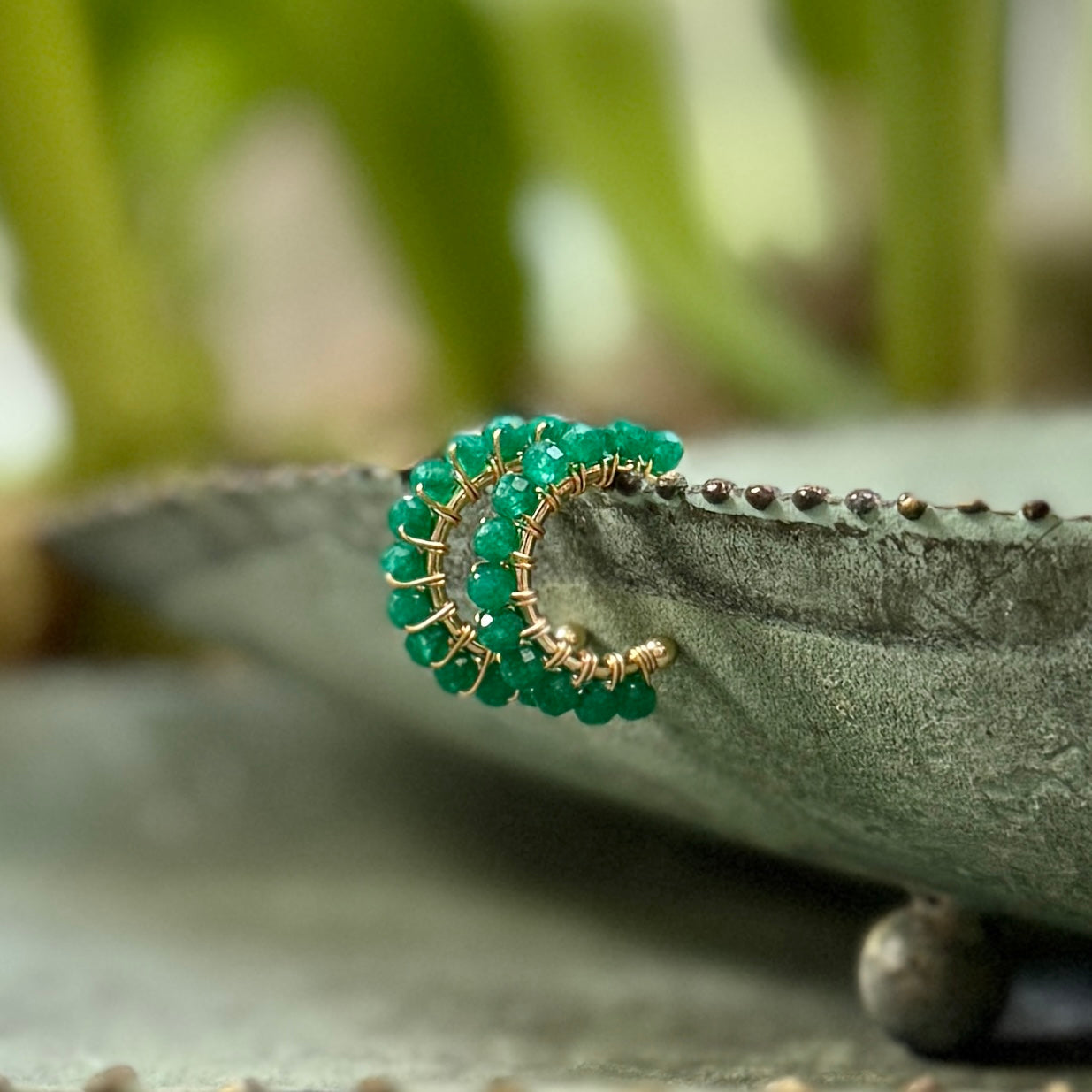 Chunky Apple Green Jade Mini Hoop Beaded Earrings