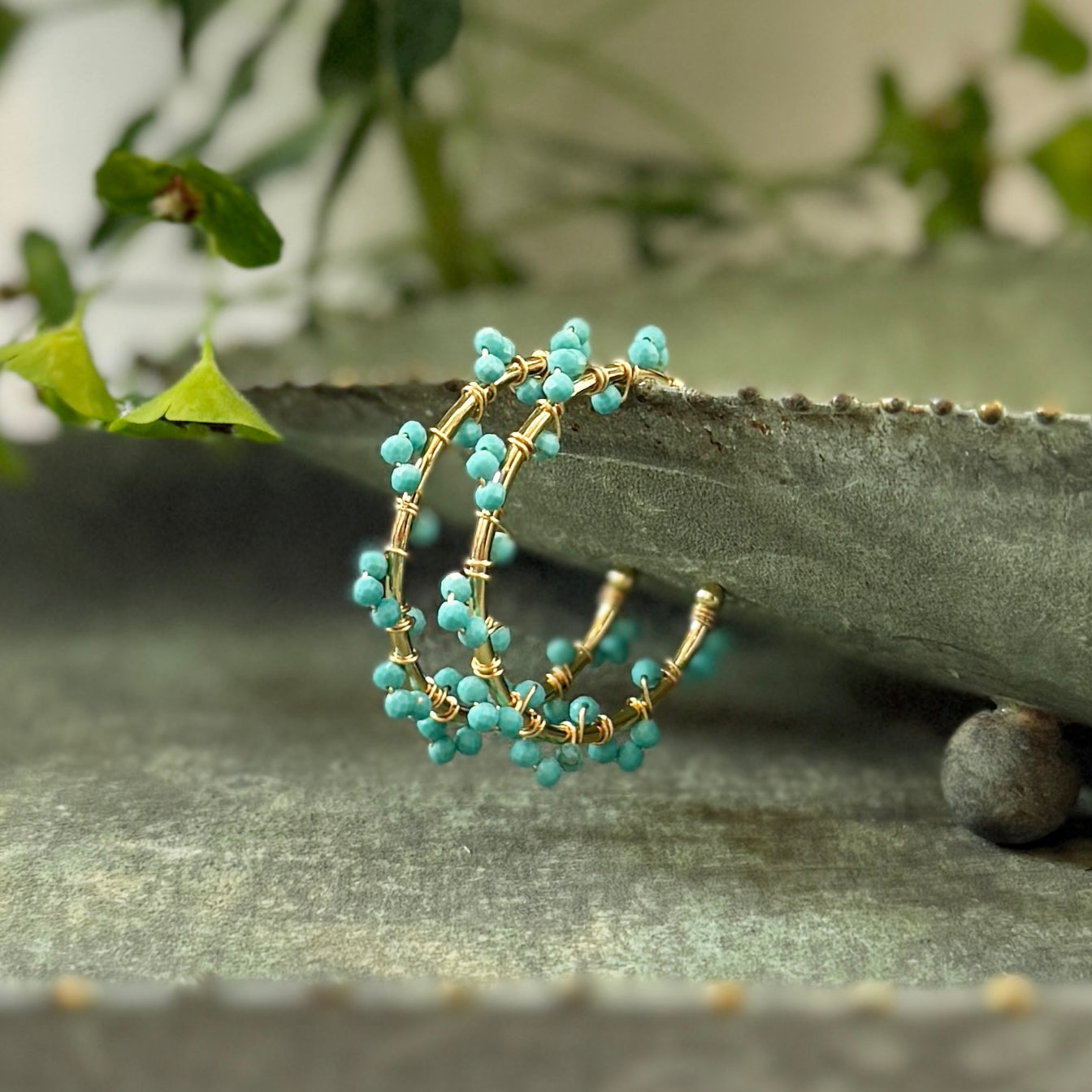 Turquoise Blue Swirl Midi Hoop Beaded Earrings
