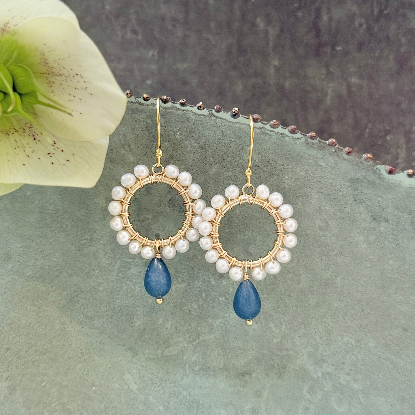 Pearl Mini Round With Dark Denim Chalcedony Drop Beaded Earrings
