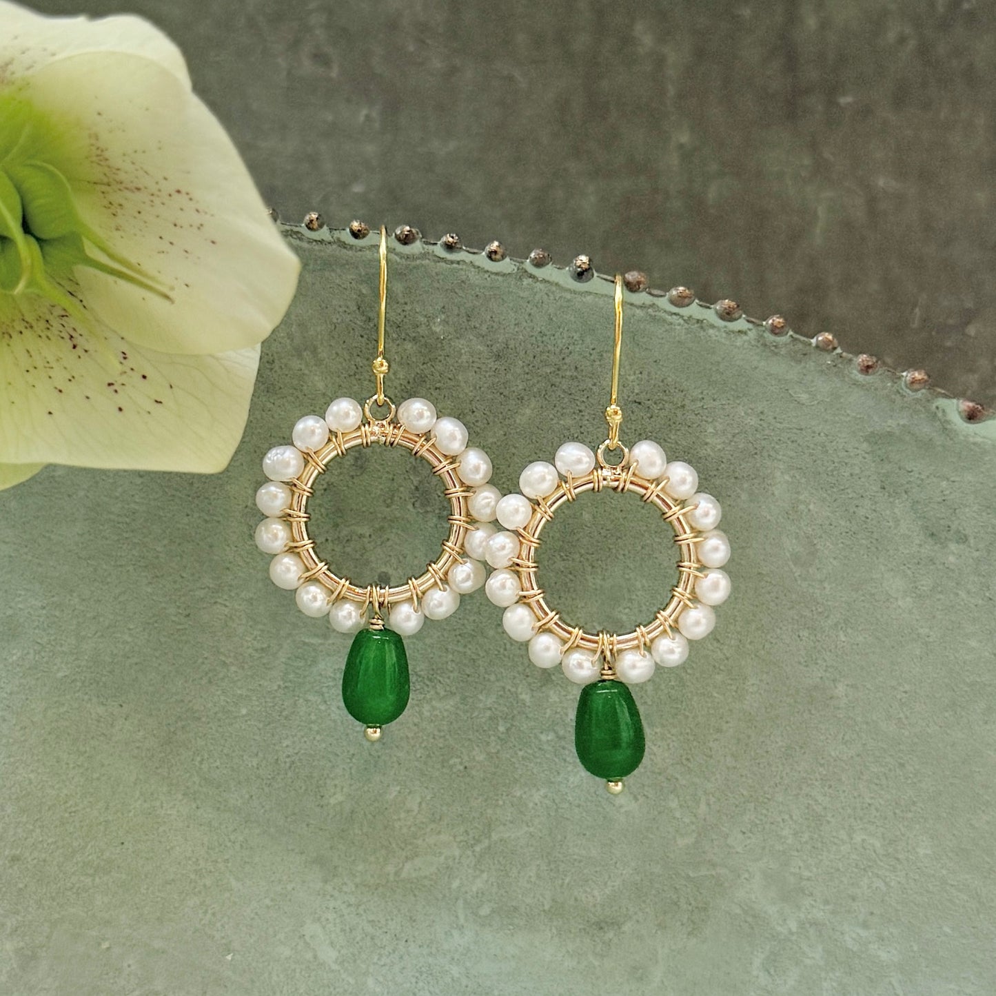 Pearl Mini Round With Green Jade Drop Beaded Earrings