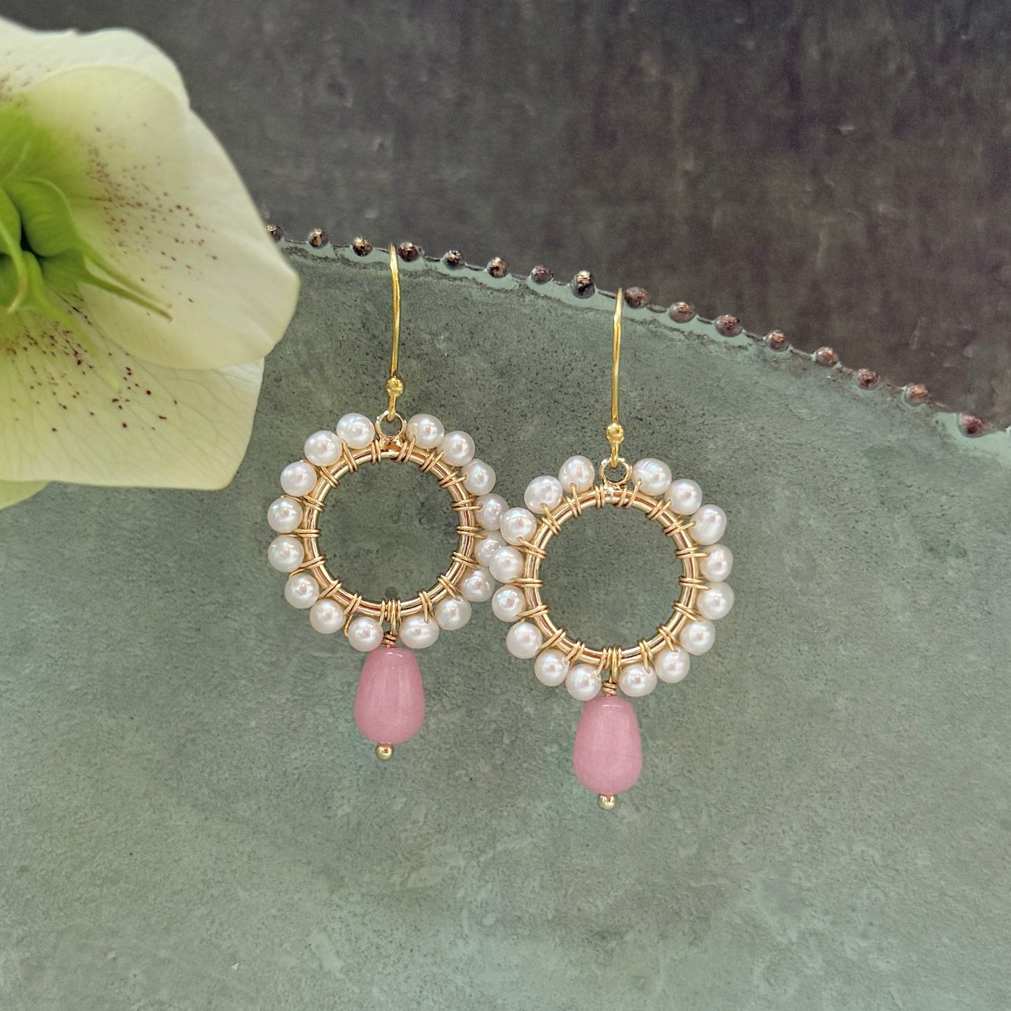 Pearl Mini Round With Pale Pink Chalcedony Drop Beaded Earrings