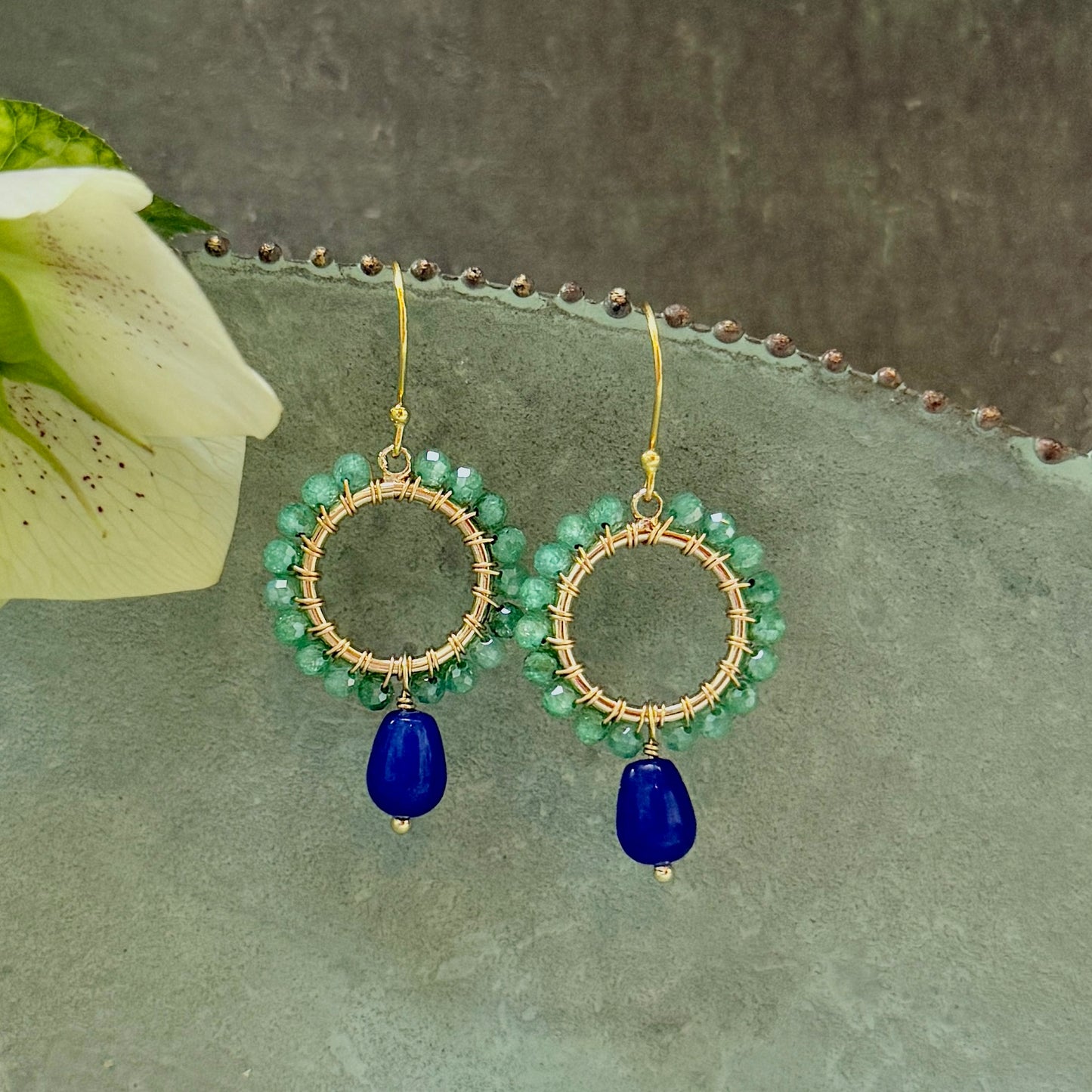 Apple Green Jade Mini Round With Royal Blue Agate Drop Beaded Earrings