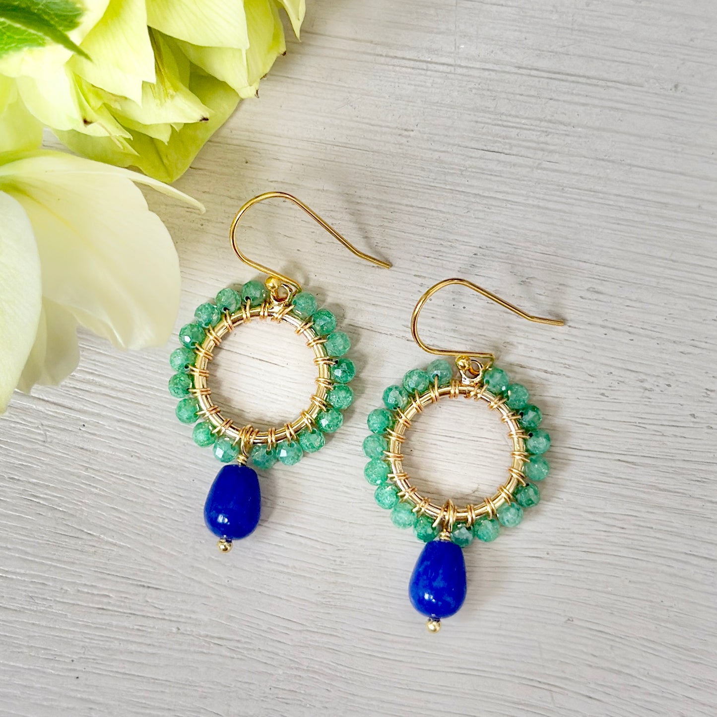 Apple Green Jade Mini Round With Royal Blue Agate Drop Beaded Earrings