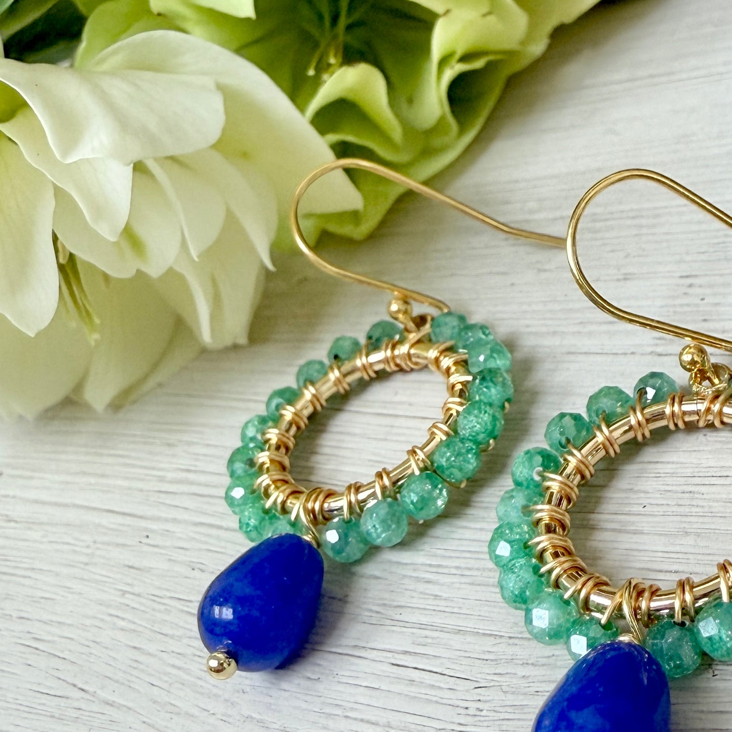 Apple Green Jade Mini Round With Royal Blue Agate Drop Beaded Earrings