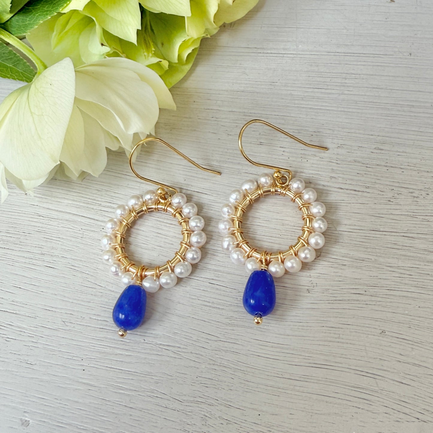 Pearl Mini Round With Royal Blue Agate Drop Beaded Earrings