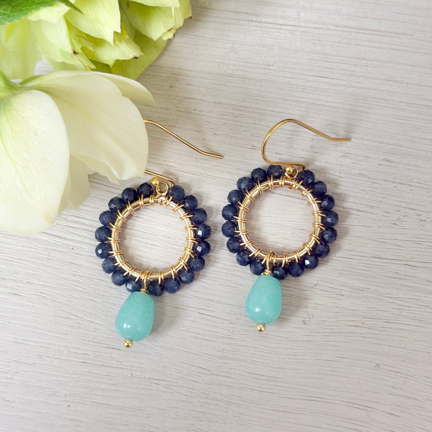 Dark Denim Iolite Mini Round With Seafoam Chalcedony Drop Beaded Earrings