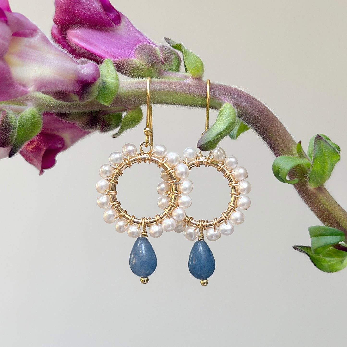 Pearl Mini Round With Dark Denim Chalcedony Drop Beaded Earrings