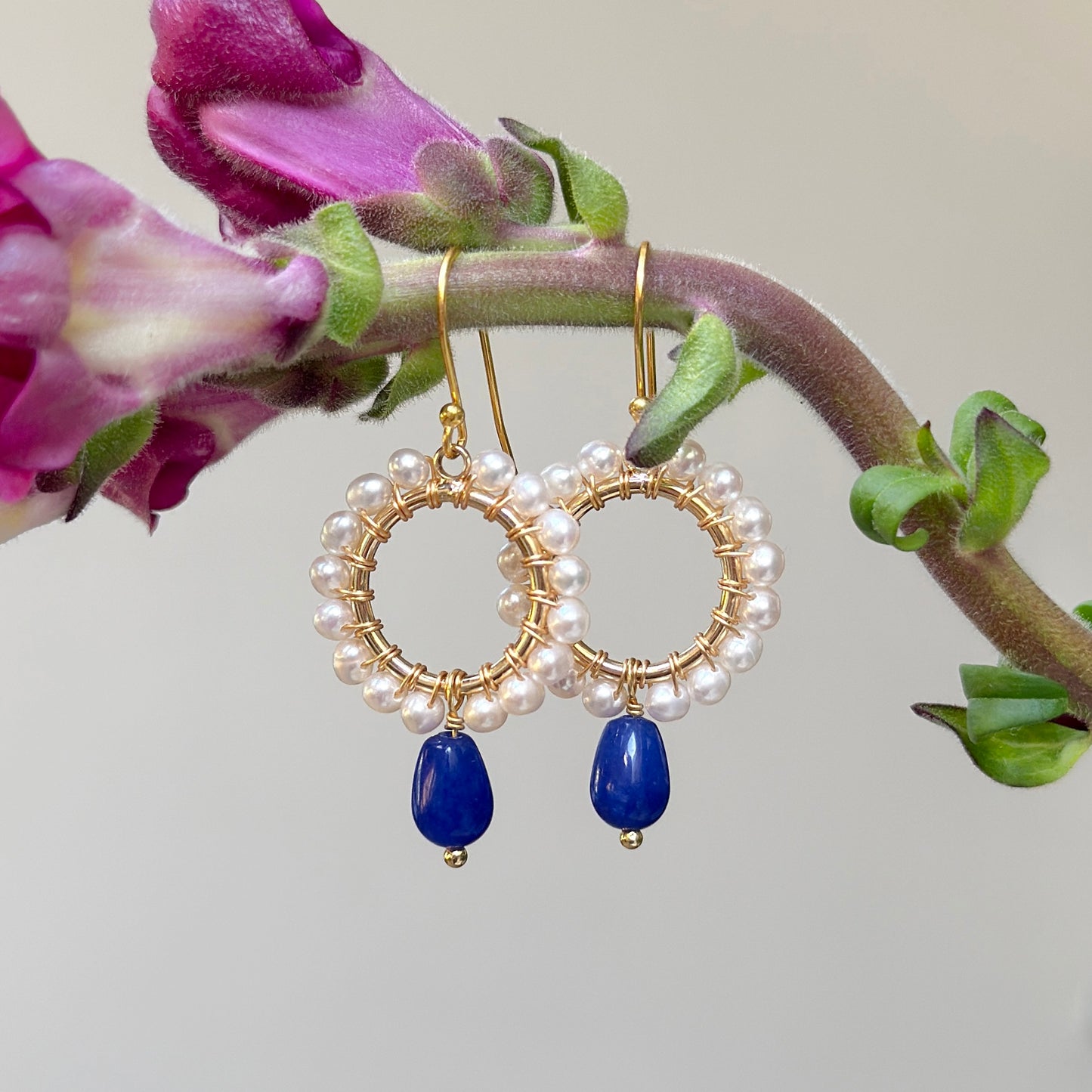 Pearl Mini Round With Royal Blue Agate Drop Beaded Earrings