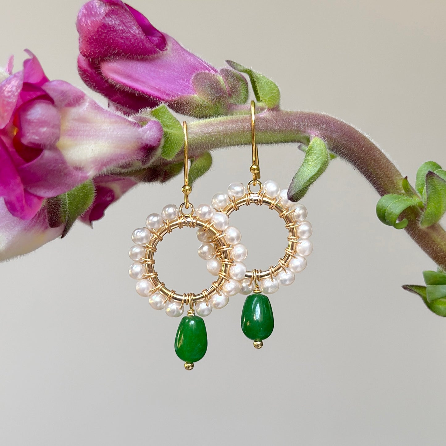Pearl Mini Round With Green Jade Drop Beaded Earrings