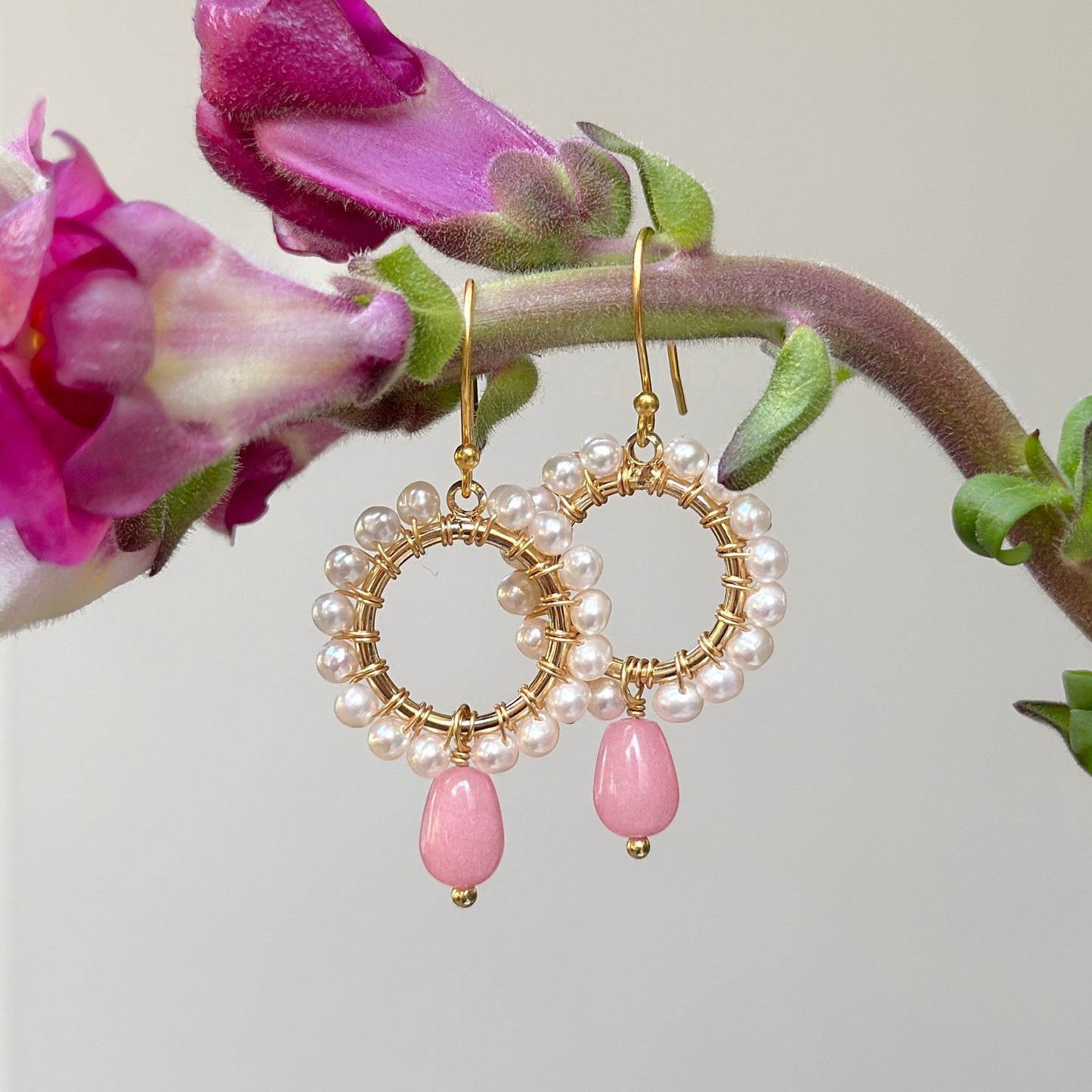 Pearl Mini Round With Pale Pink Chalcedony Drop Beaded Earrings