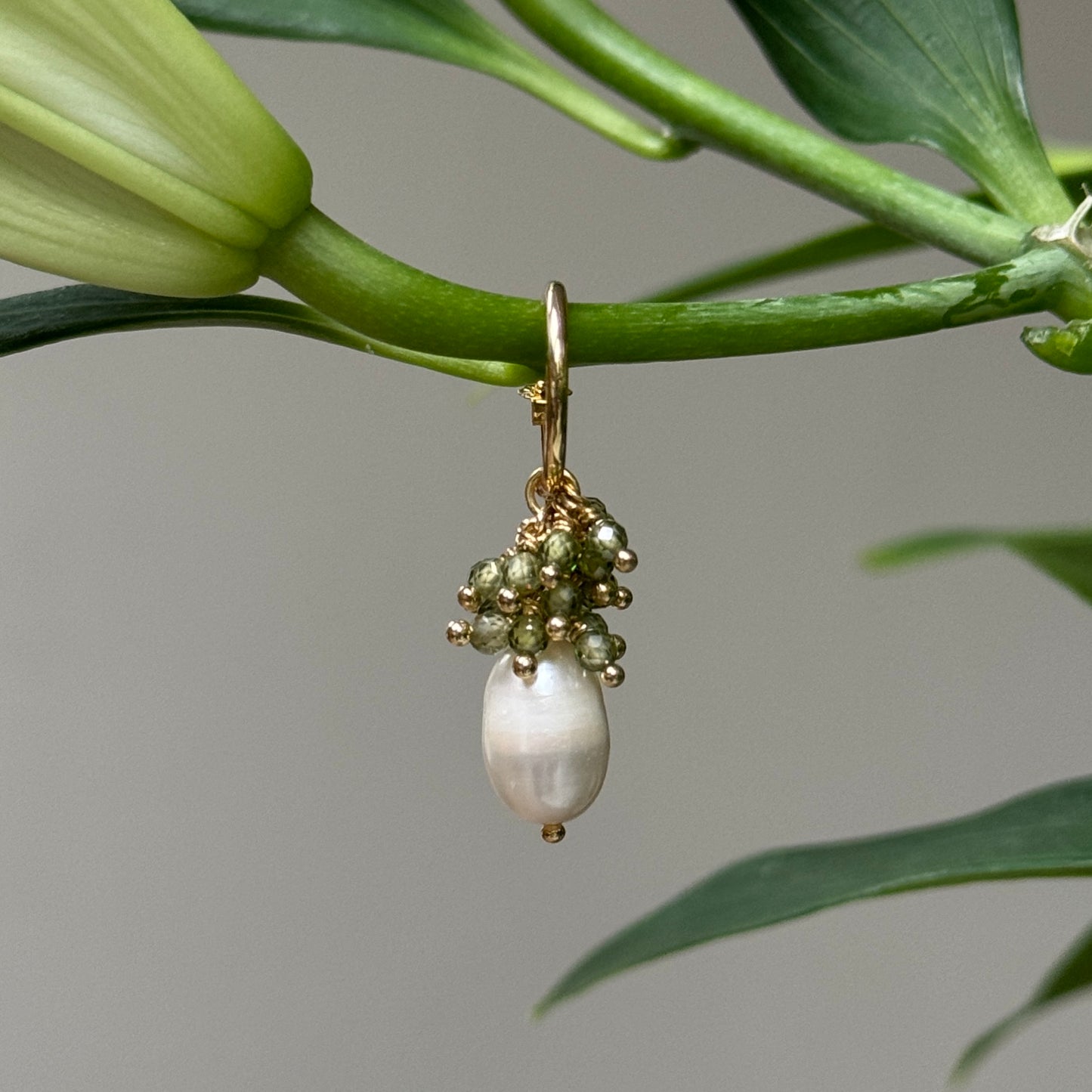 Mini Hoop Earrings With Ibiza Pearl & Mid Olive Green Peridot Drops