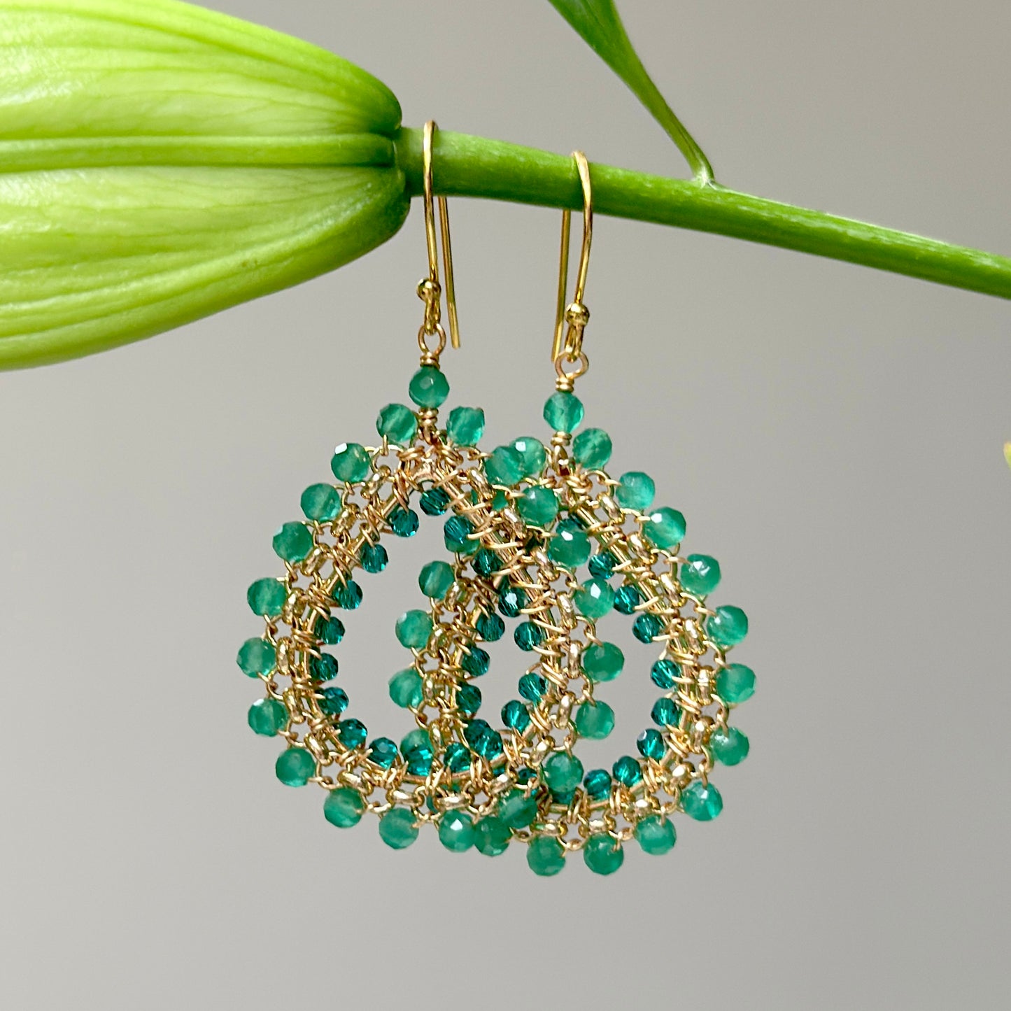 Apple Green Jade & Teal Quartz Medium Rolo Teardrop Beaded Earrings