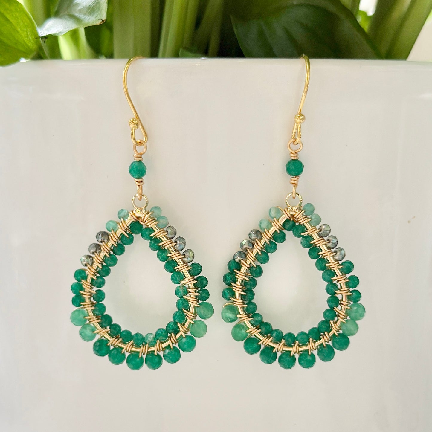 Green Ombré Double Beaded Midi Teardrop Earrings