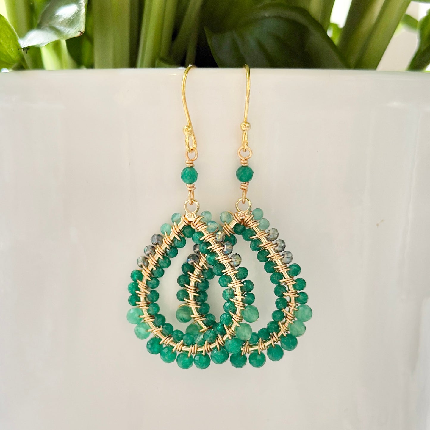Green Ombré Double Beaded Midi Teardrop Earrings