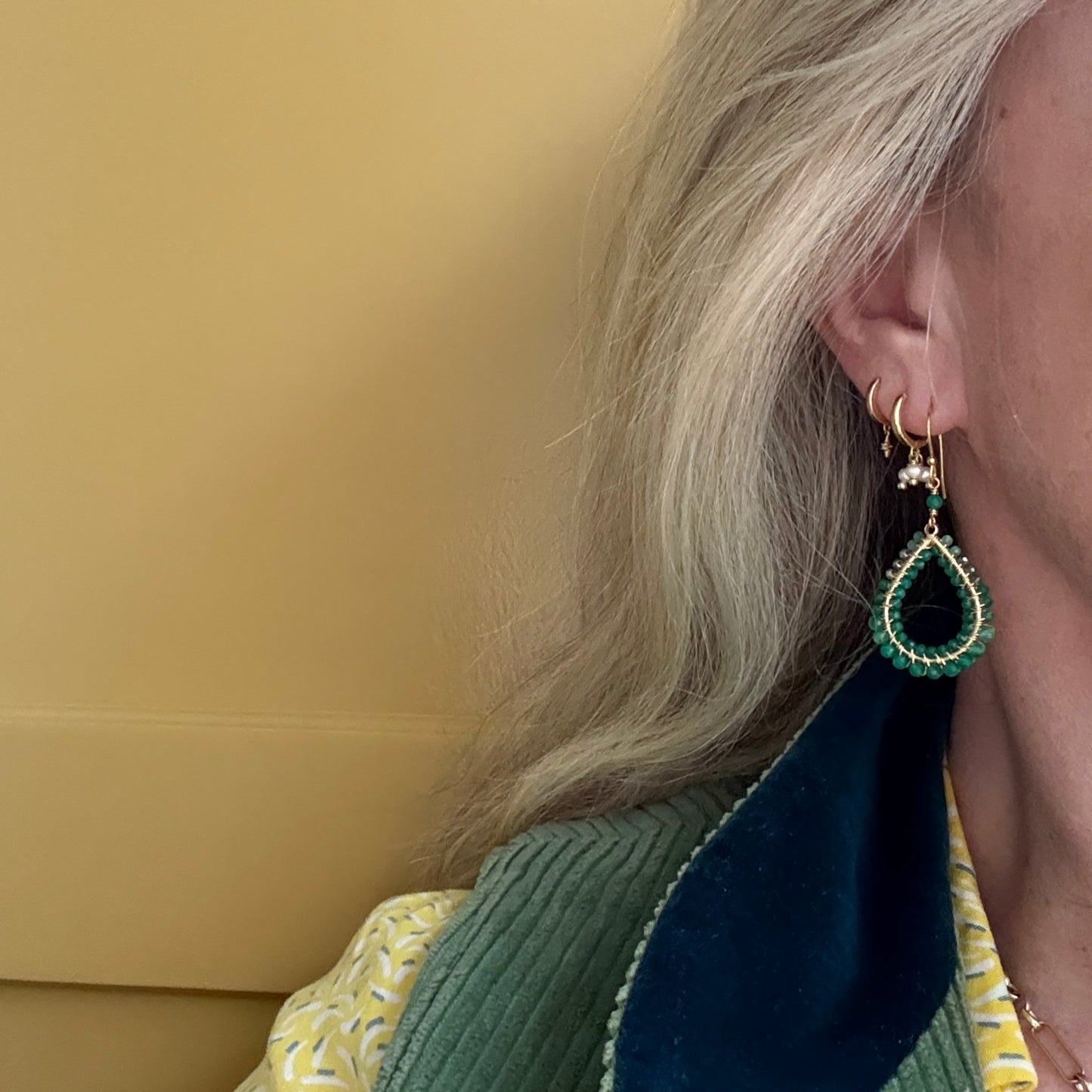 Green Ombré Double Beaded Midi Teardrop Earrings