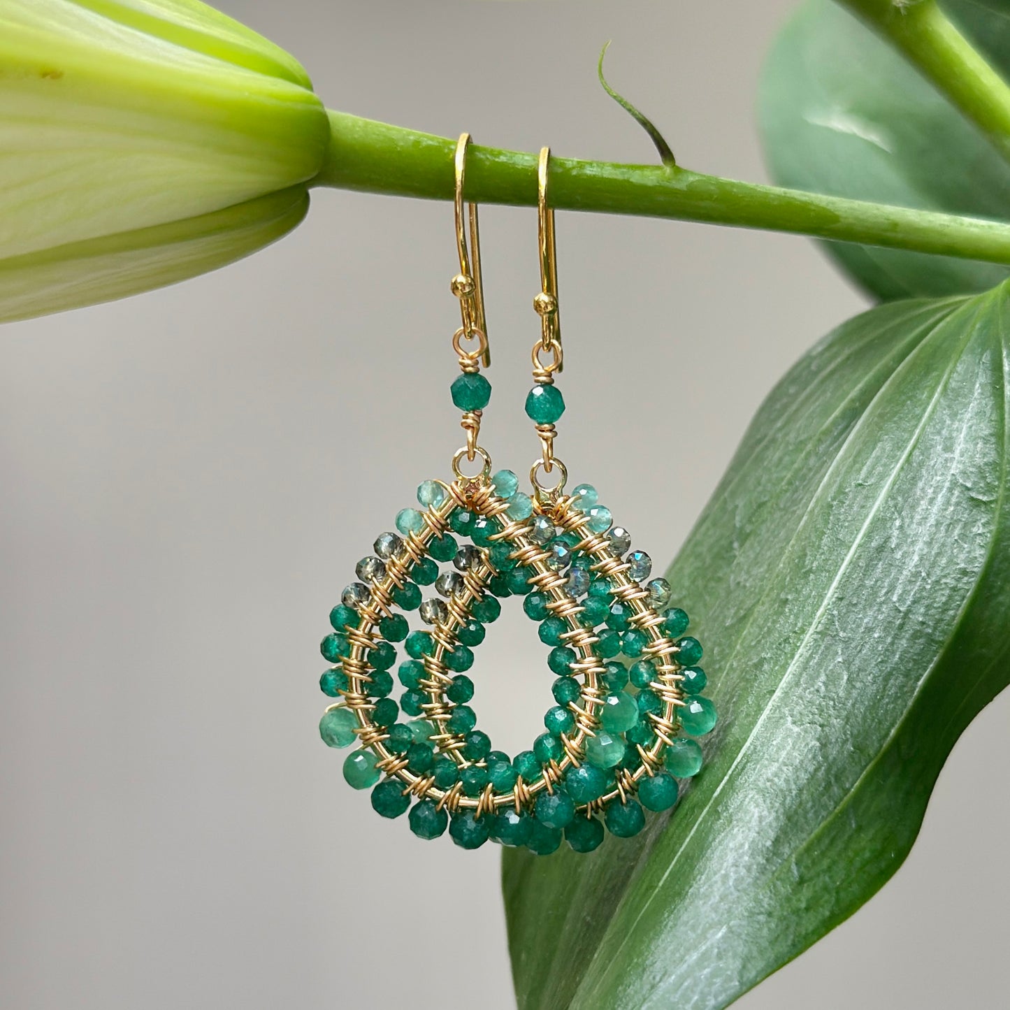 Green Ombré Double Beaded Midi Teardrop Earrings