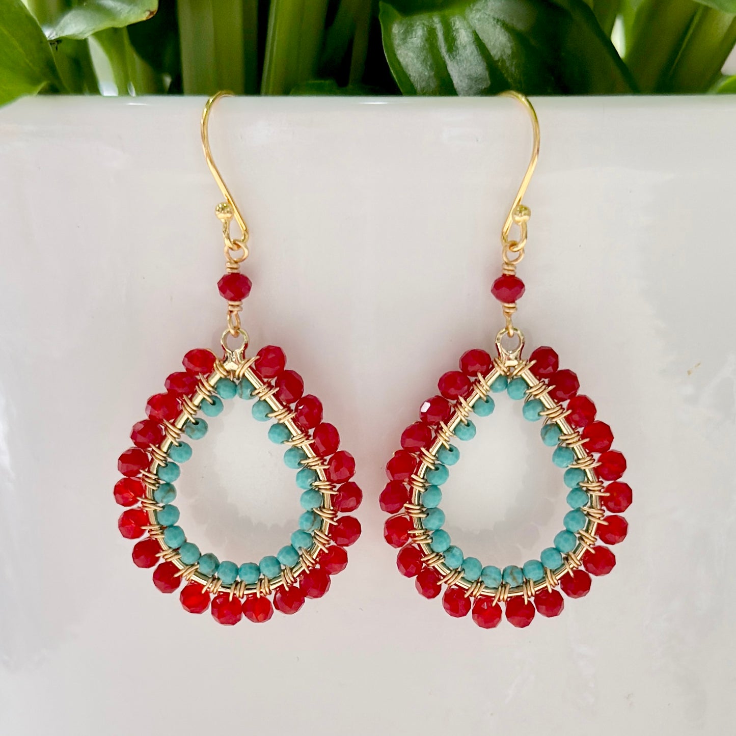 Red Jade & Turquoise Double Beaded Midi Teardrop Earrings