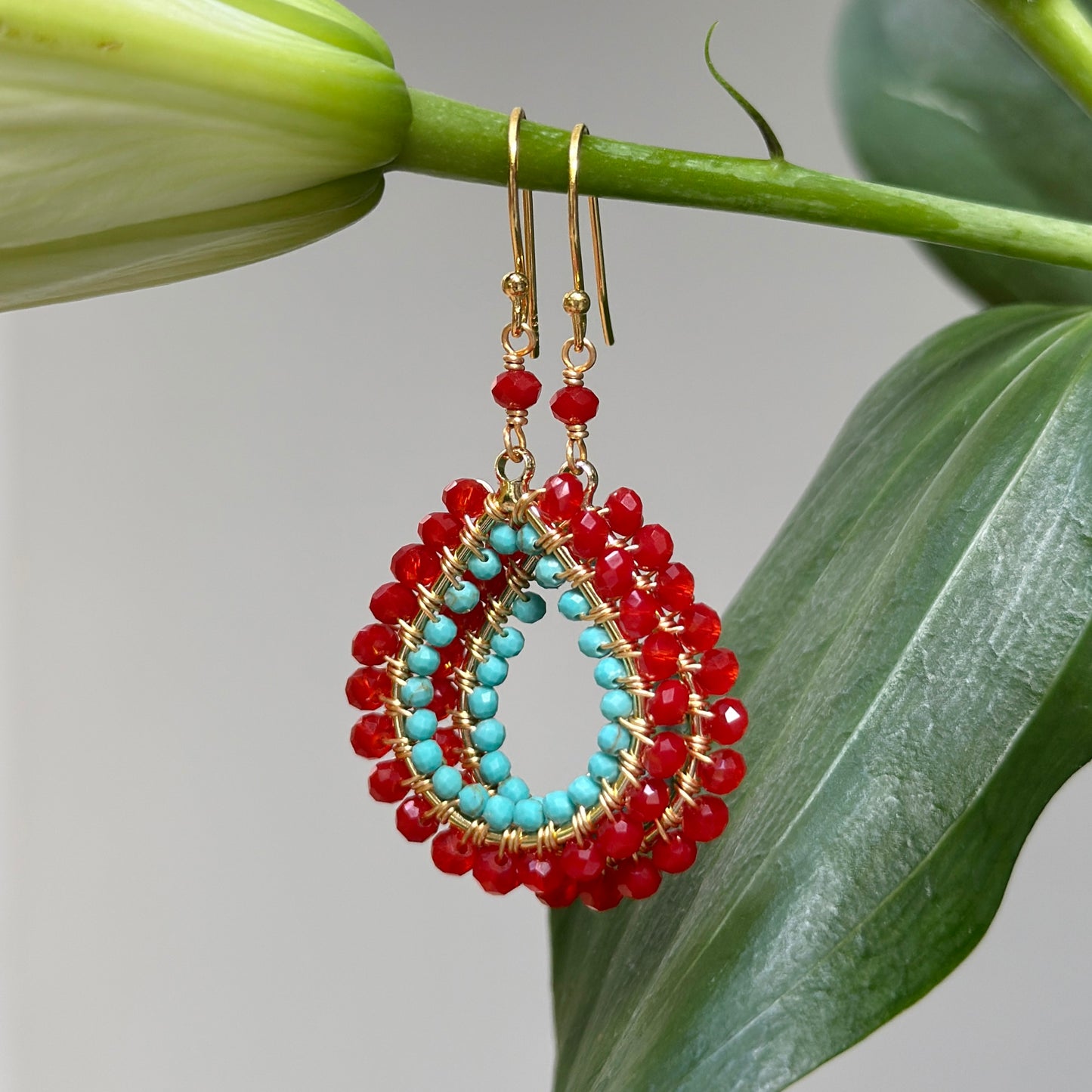 Red Jade & Turquoise Double Beaded Midi Teardrop Earrings