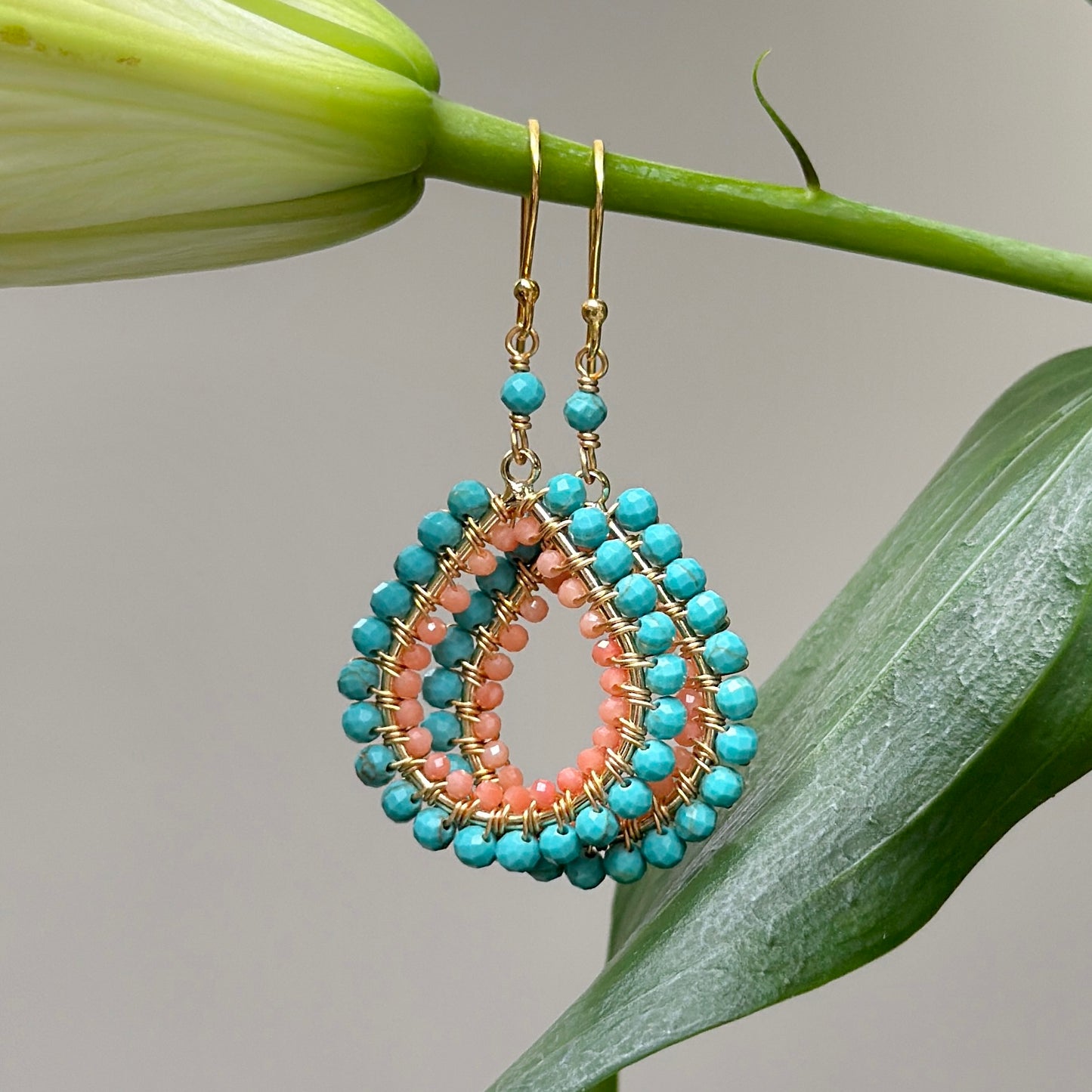 Turquoise & Apricot Coral Double Beaded Midi Teardrop Earrings