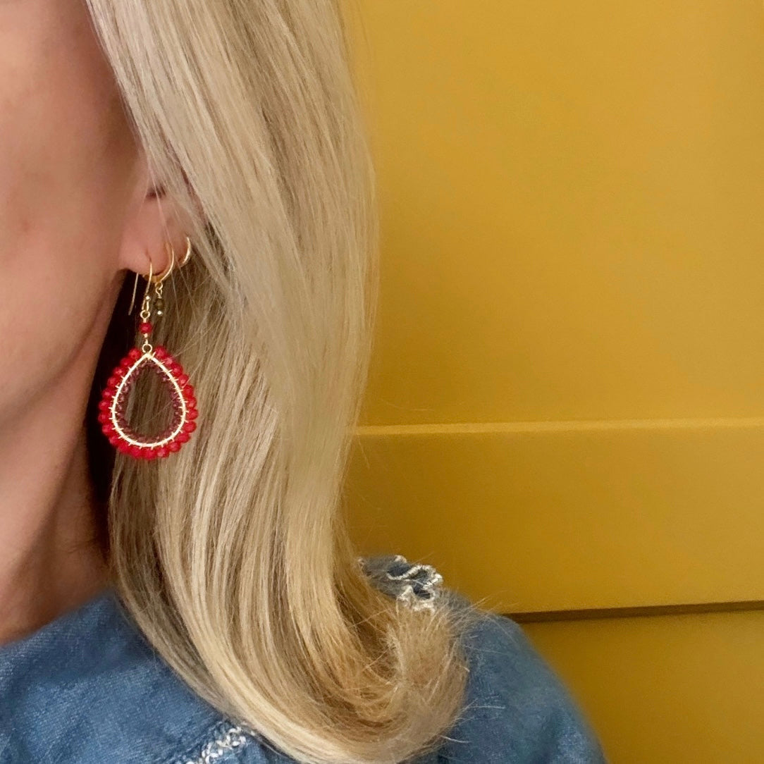 Turquoise & Apricot Coral Double Beaded Midi Teardrop Earrings