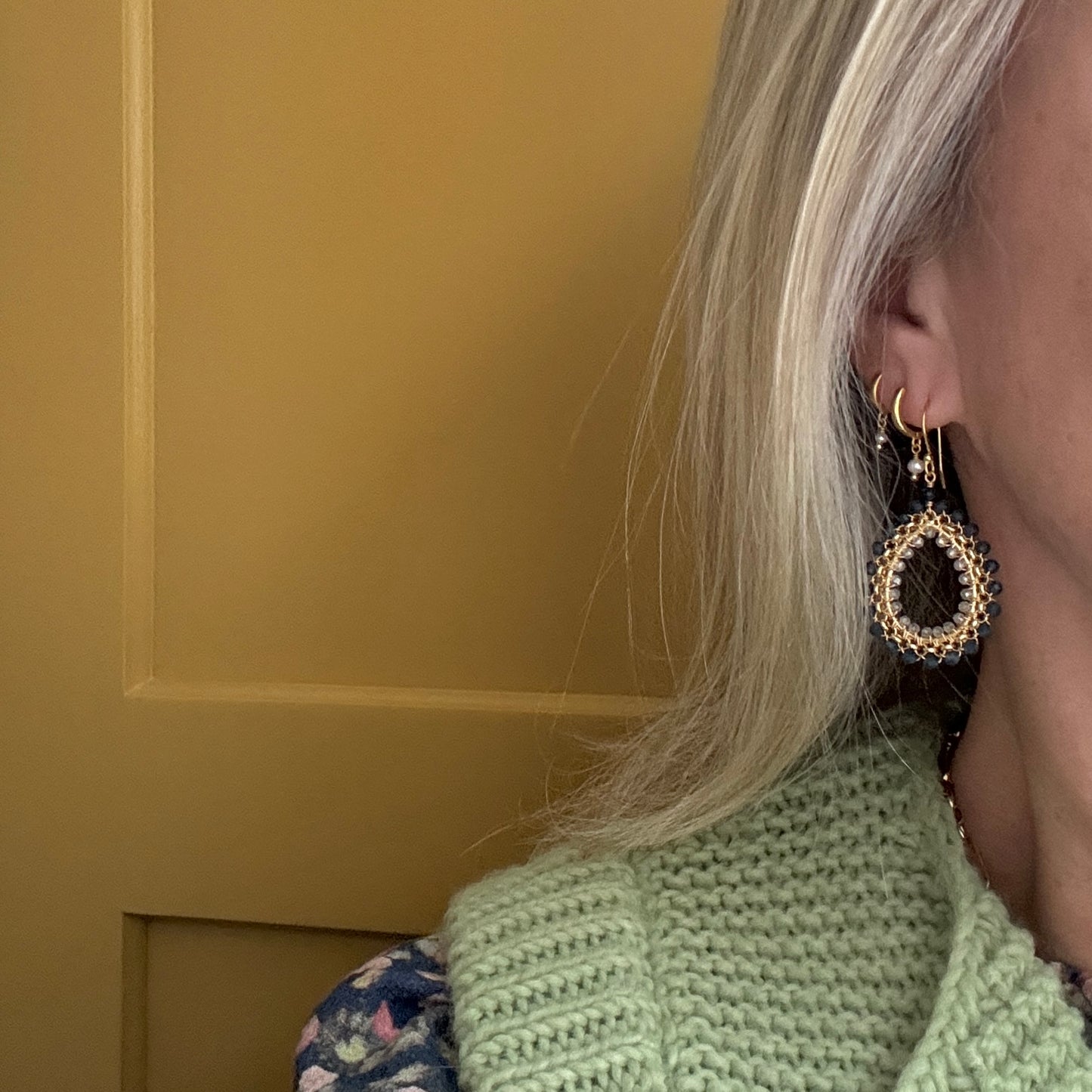 Black Onyx & Charcoal Hematite Medium Rolo Teardrop Beaded Earrings