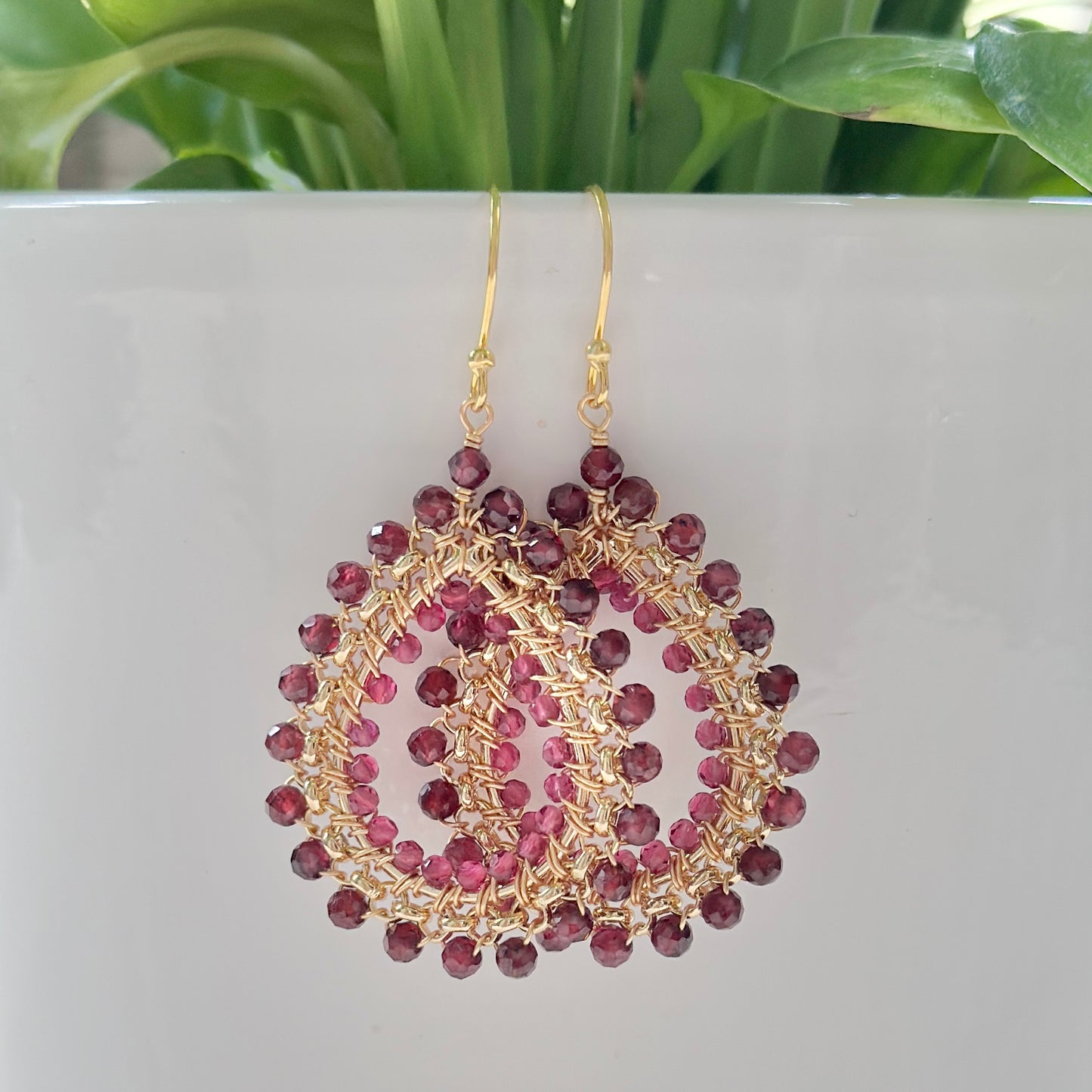 Burgundy & Fuchsia Pink Garnet Medium Rolo Teardrop Beaded Earrings