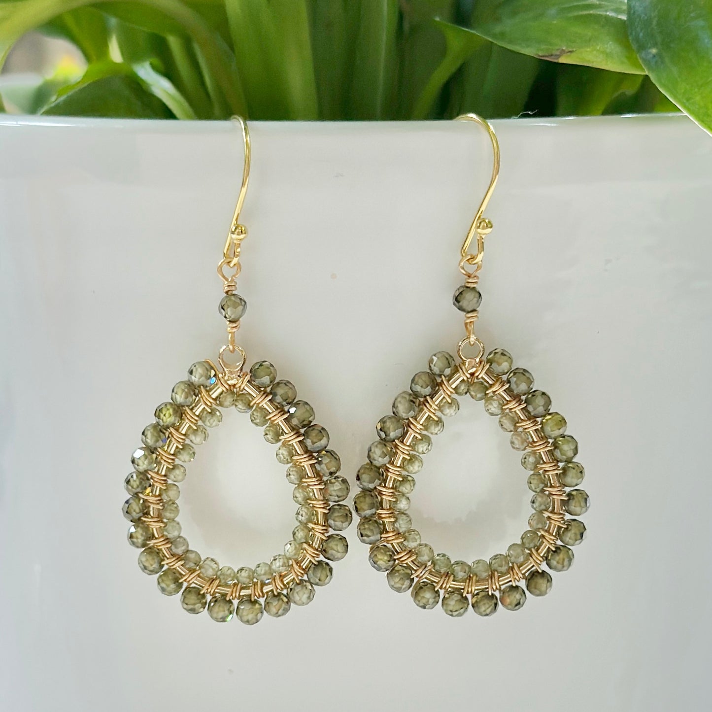 Mid Olive Green Peridot & Pale Olive Green Peridot Double Beaded Midi Teardrop Earrings