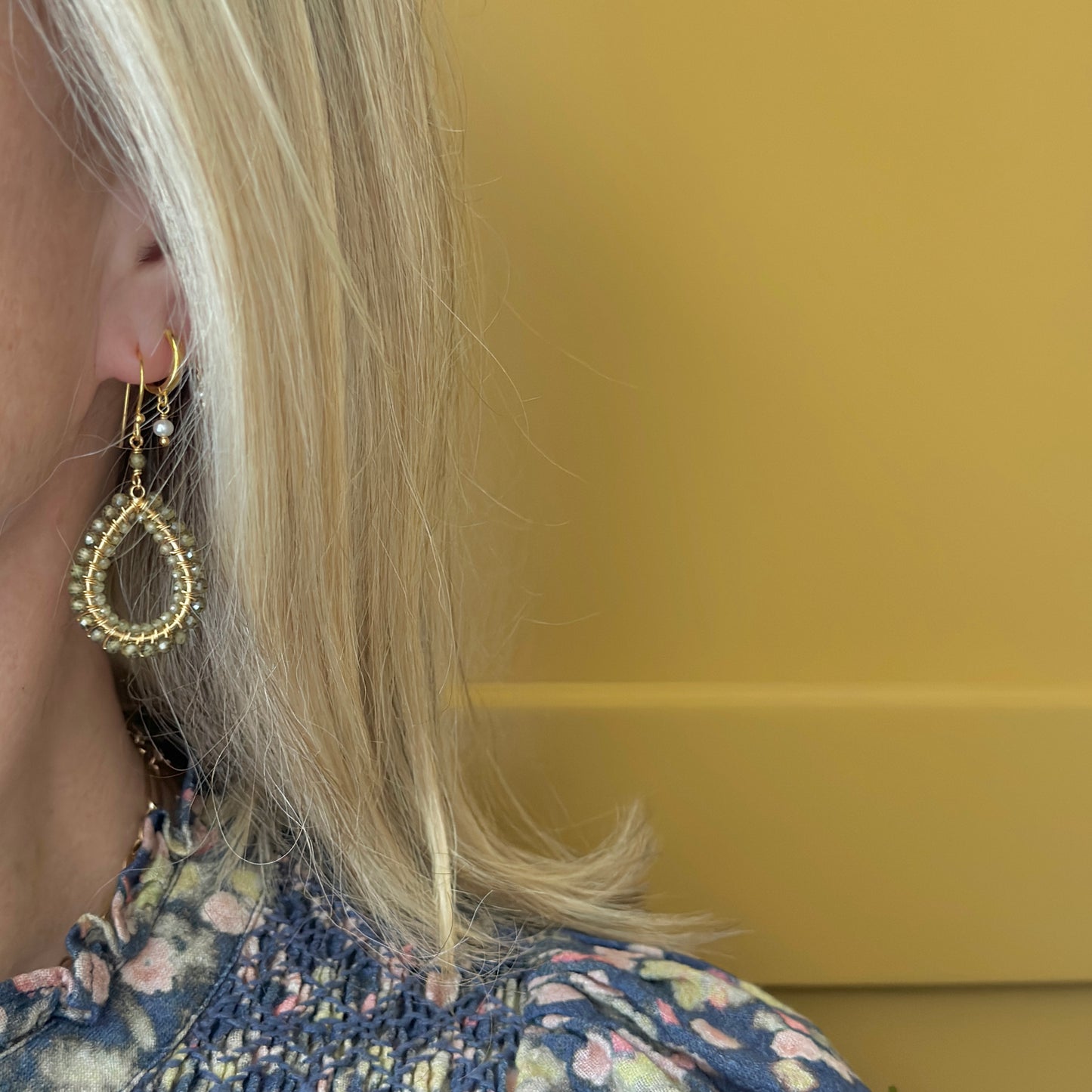 Dark Olive Green & Pale Peridot Double Beaded Midi Teardrop Earrings