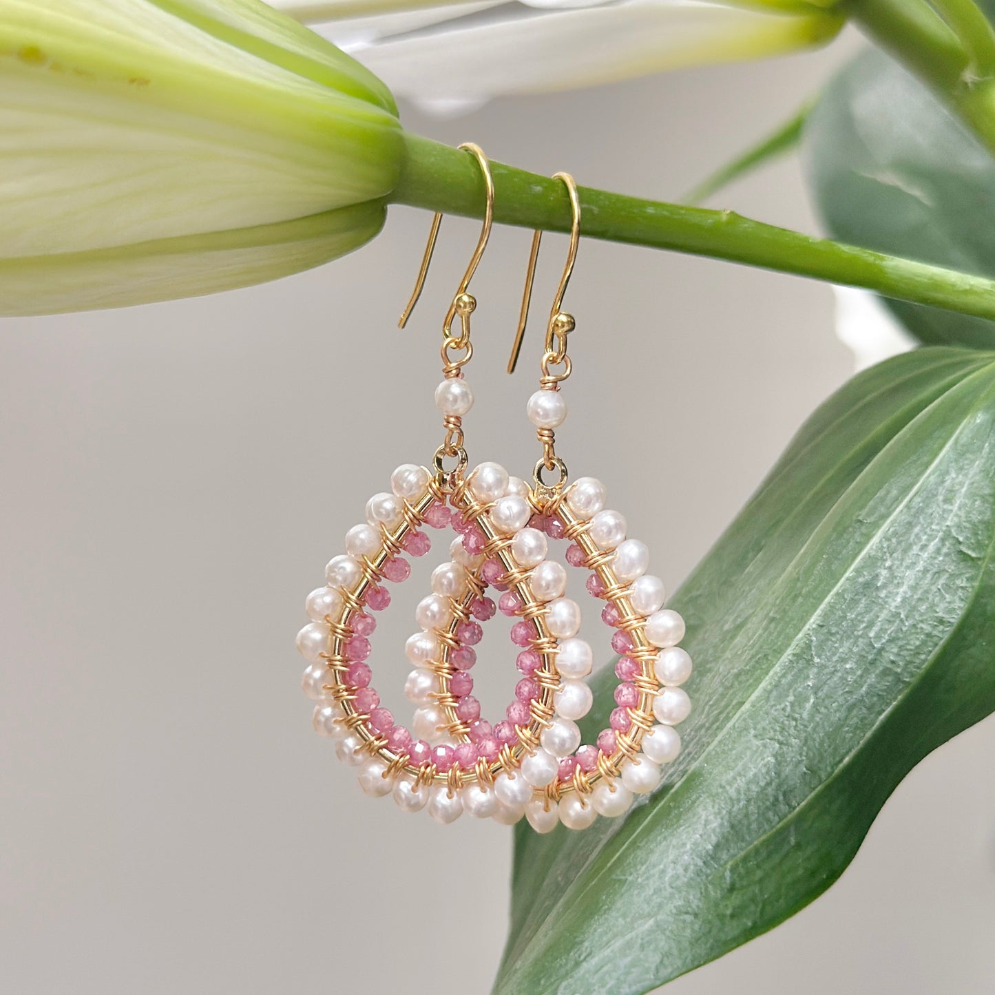 Freshwater Pearl & Dusky Pink Garnet Double Beaded Midi Teardrop Earrings