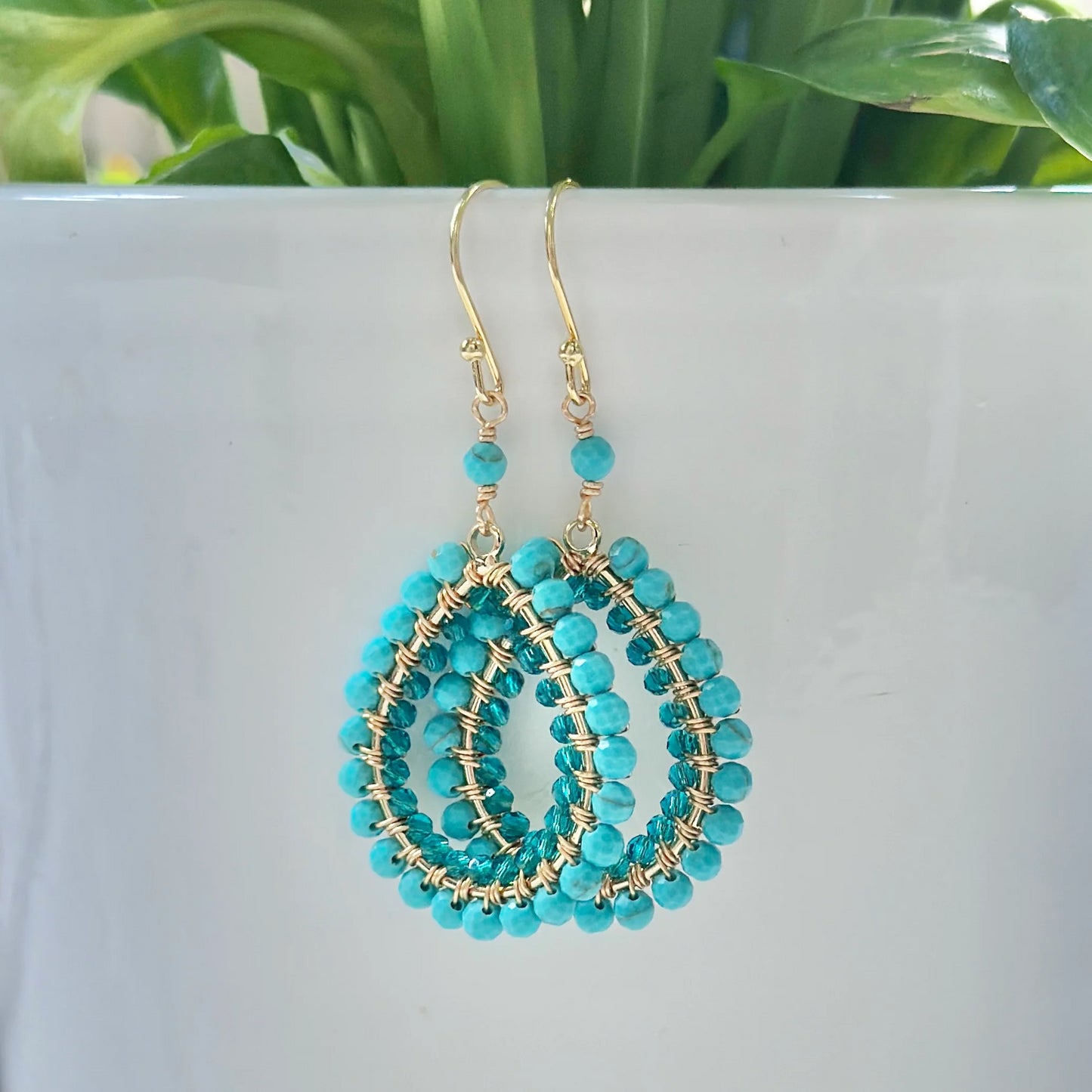 Turquoise Blue & Teal Quartz Double Beaded Midi Teardrop Earrings