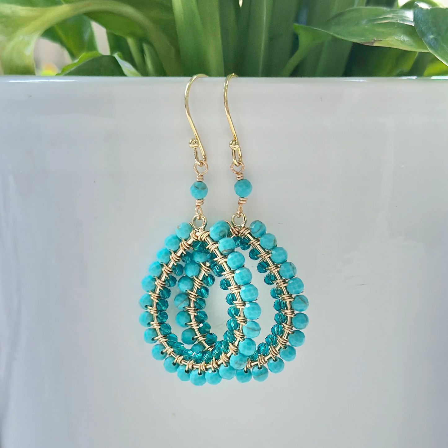 Turquoise Blue & Teal Quartz Double Beaded Midi Teardrop Earrings
