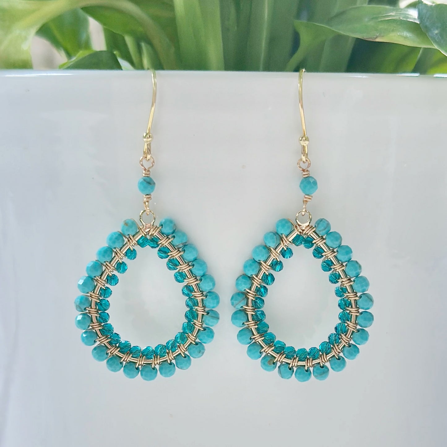 Turquoise Blue & Teal Quartz Double Beaded Midi Teardrop Earrings