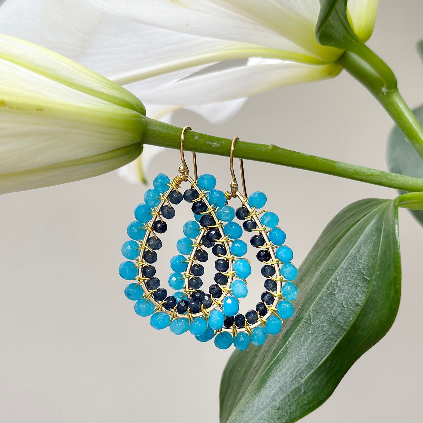 Aqua Agate & Dark Navy Agate Big Bead Double Teardrop Earrings