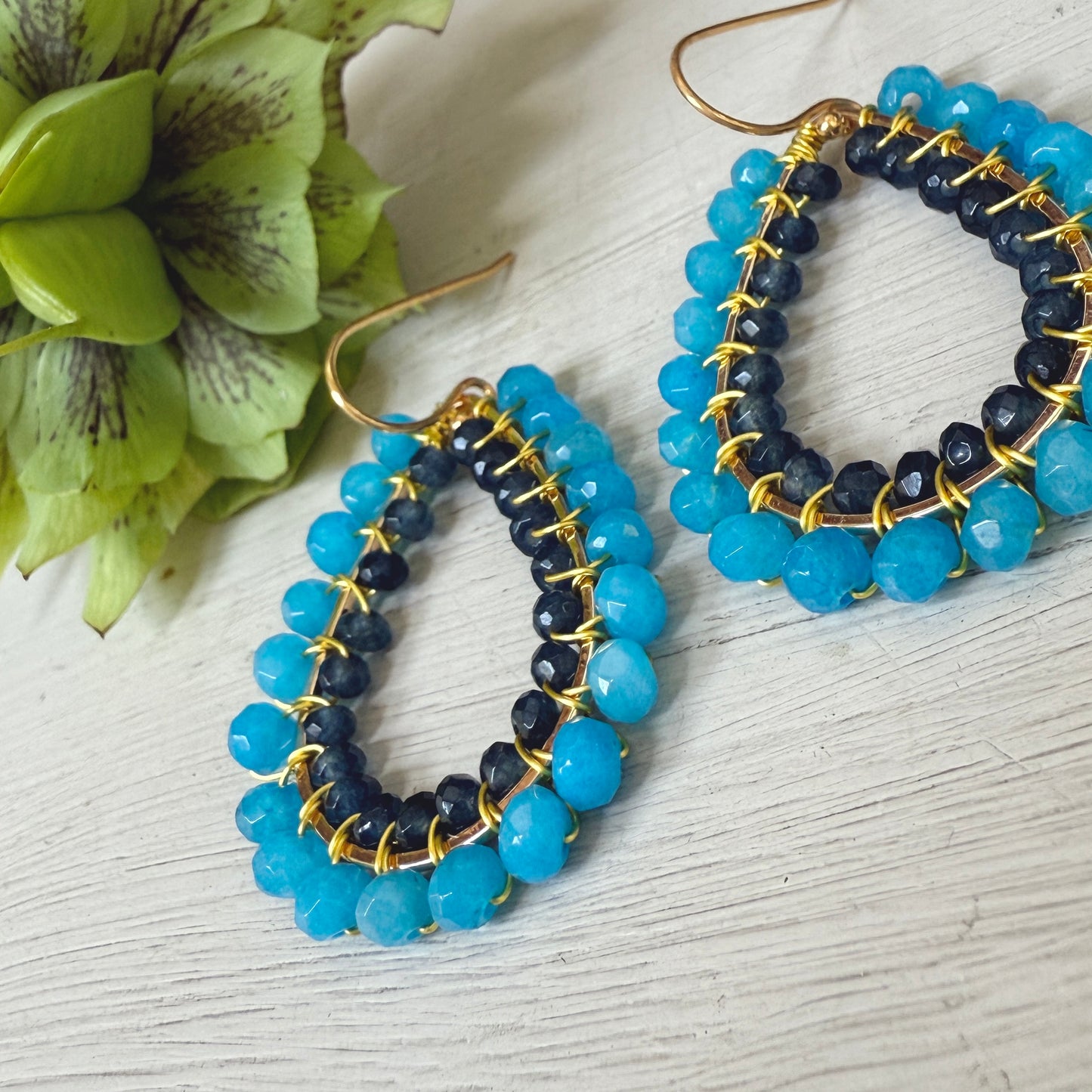 Aqua Agate & Dark Navy Agate Big Bead Double Teardrop Earrings