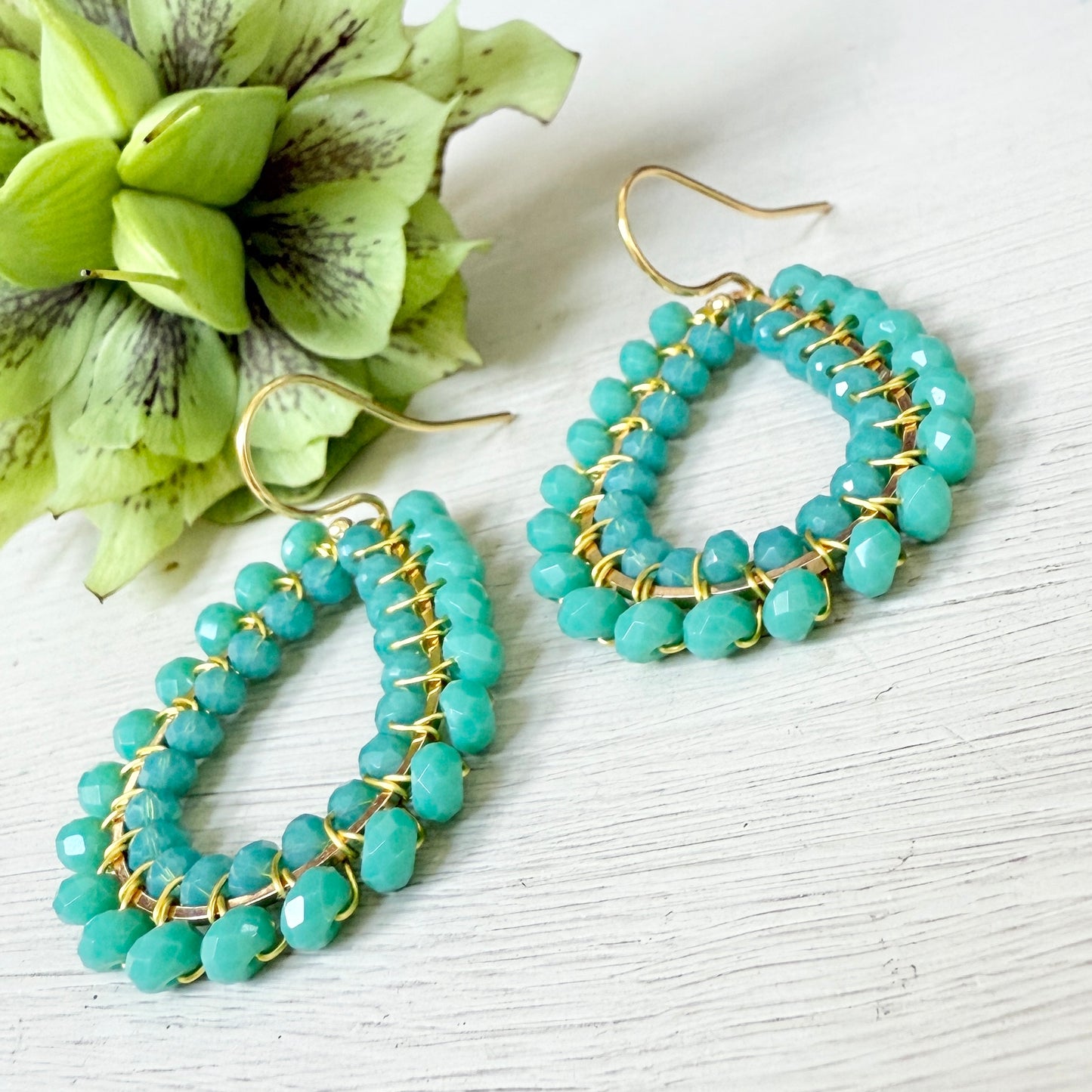 Seafoam Blue Crystal & Turquoise Agate Big Bead Double Teardrop Earrings