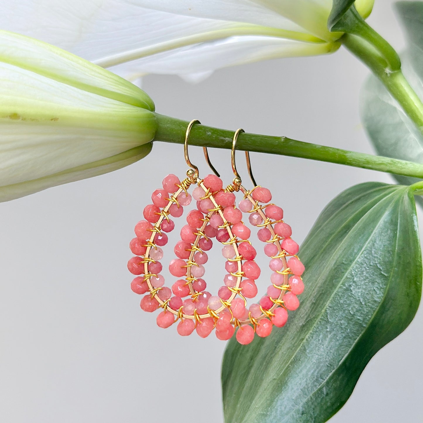 Peach Coral Agate & Pink Coral Agate Big Bead Double Teardrop Earrings