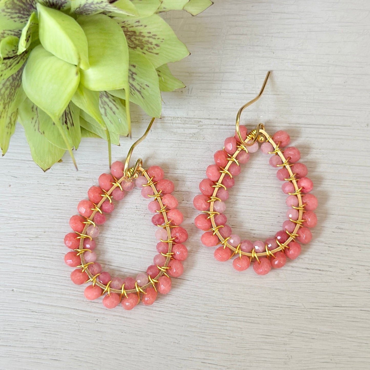 Peach Coral Agate & Pink Coral Agate Big Bead Double Teardrop Earrings