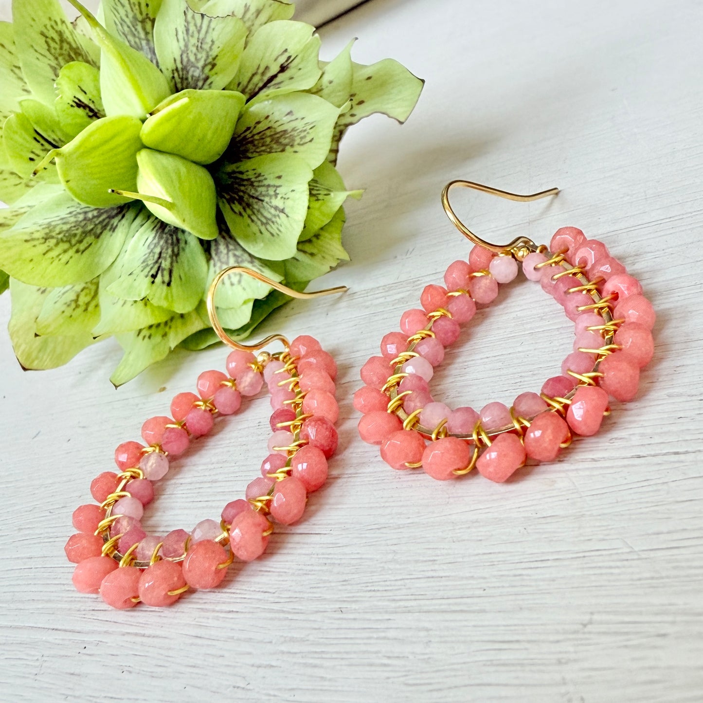 Peach Coral Agate & Pink Coral Agate Big Bead Double Teardrop Earrings
