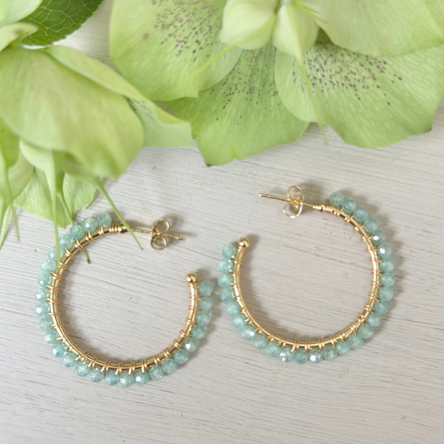 Pale Mint Jade Solid Midi Hoop Beaded Earrings