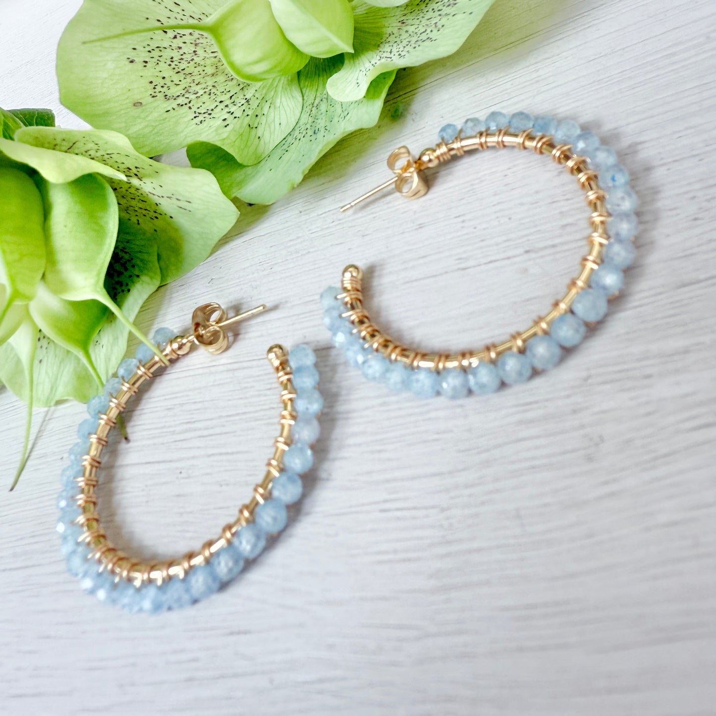 Powder Blue Quartz Solid Midi Hoop Beaded Earrings
