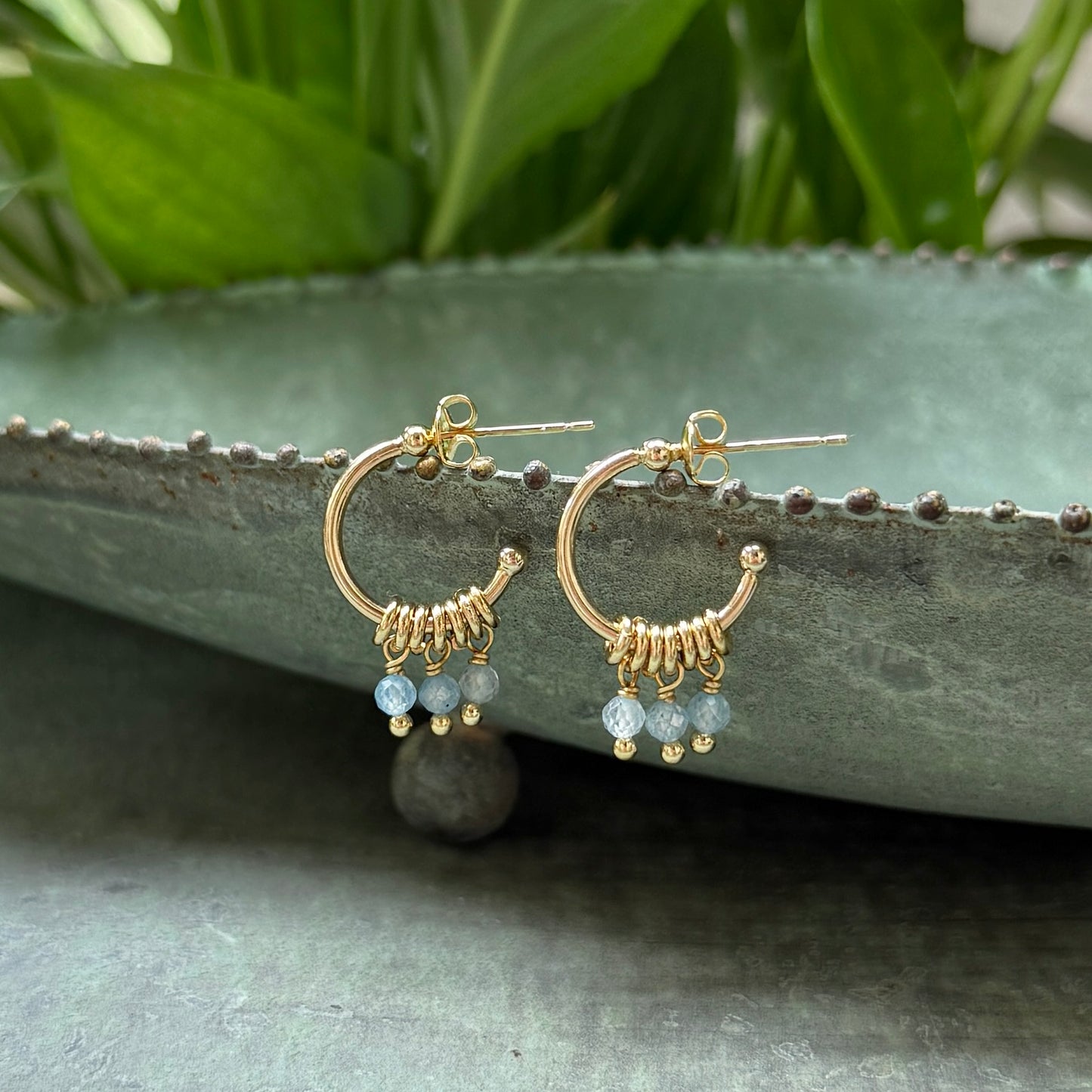 Powder Blue Quartz 3-Bead Mini Hoop Earrings