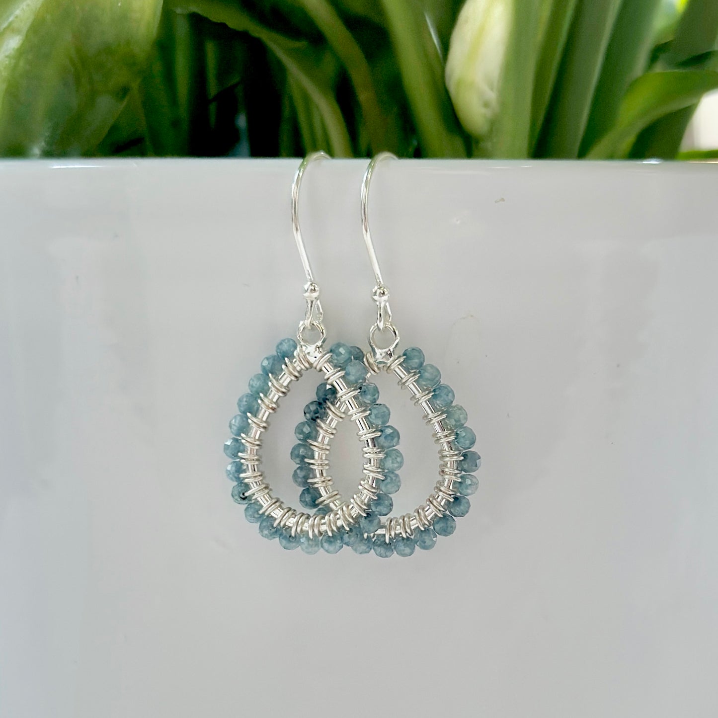 Pale Denim Blue Azurite Mini Teardrop Earrings (Silver)