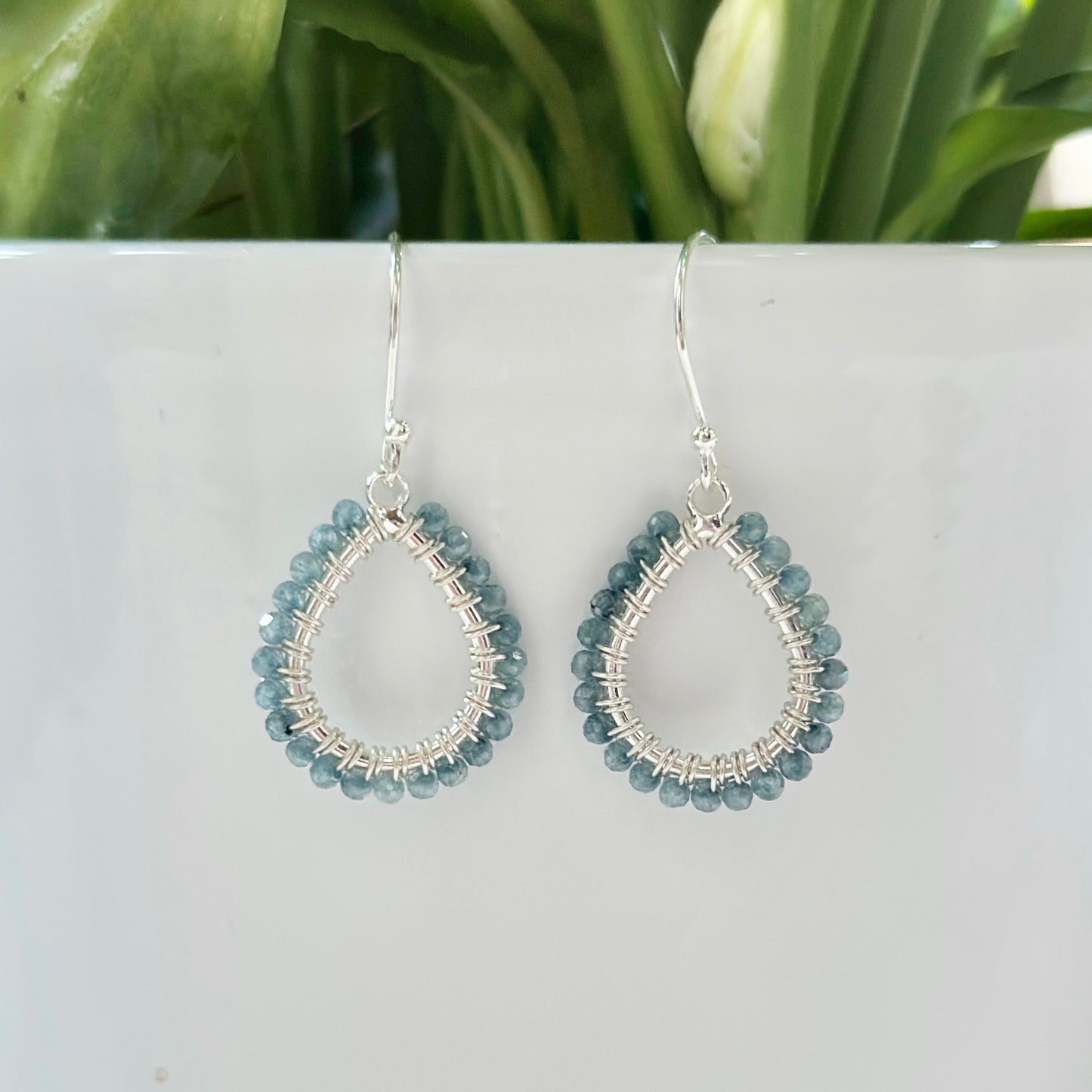 Pale Denim Blue Azurite Mini Teardrop Earrings (Silver)