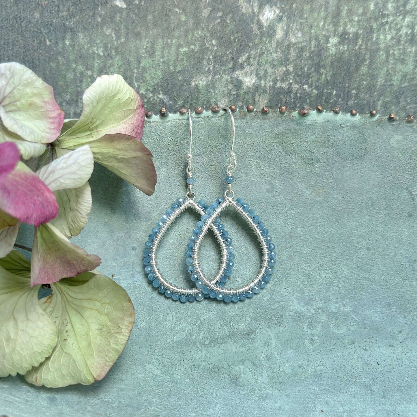 Pale Denim Blue Azurite Midi Teardrop Beaded Earrings (Silver)