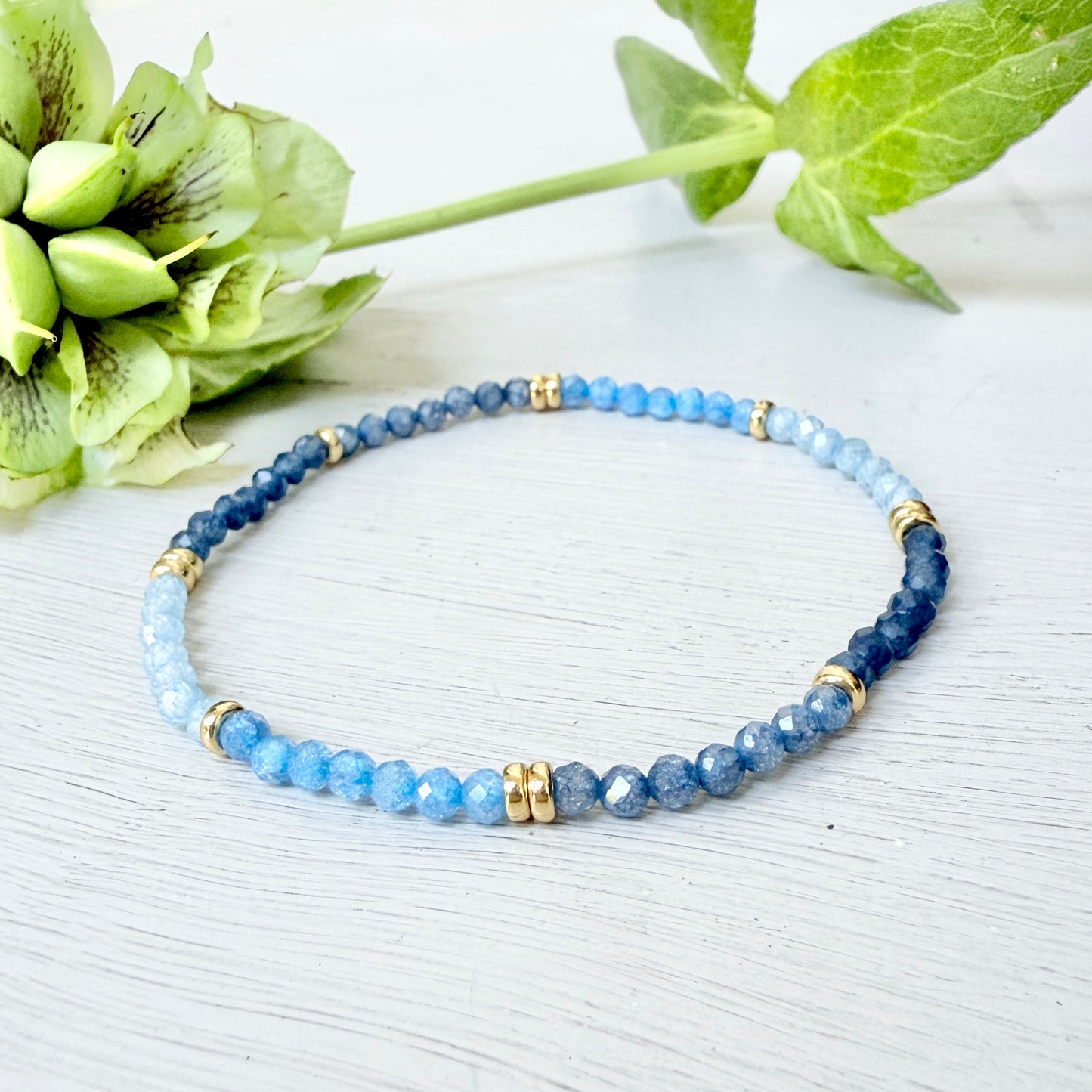 Blue Ombré & Gold Nugget Stretchy Gemstone Bracelet