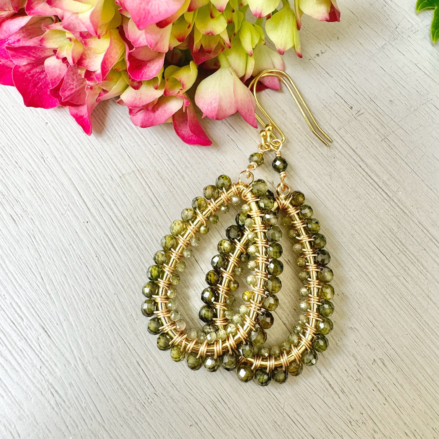Olive Green Peridot Double Beaded Long Teardrop Earrings