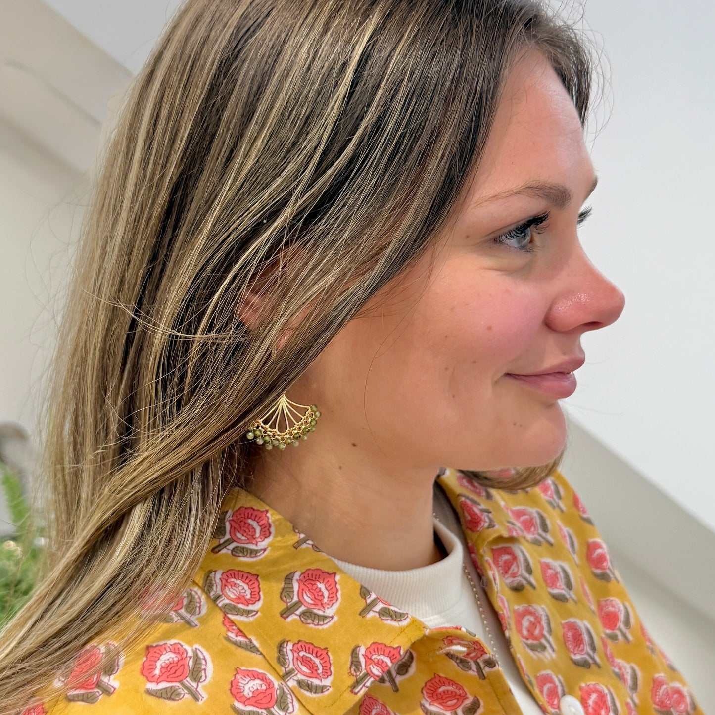 Pale Olive Green Peridot & Dark Peridot Rolo Fan Beaded Earrings