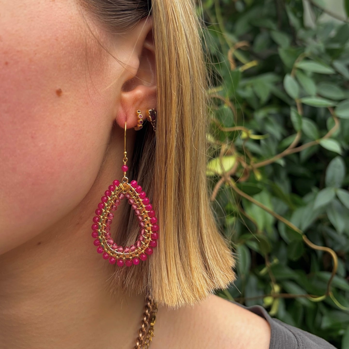 Magenta PInk Garnet & Candy Pink Mustique Teardrop Earrings