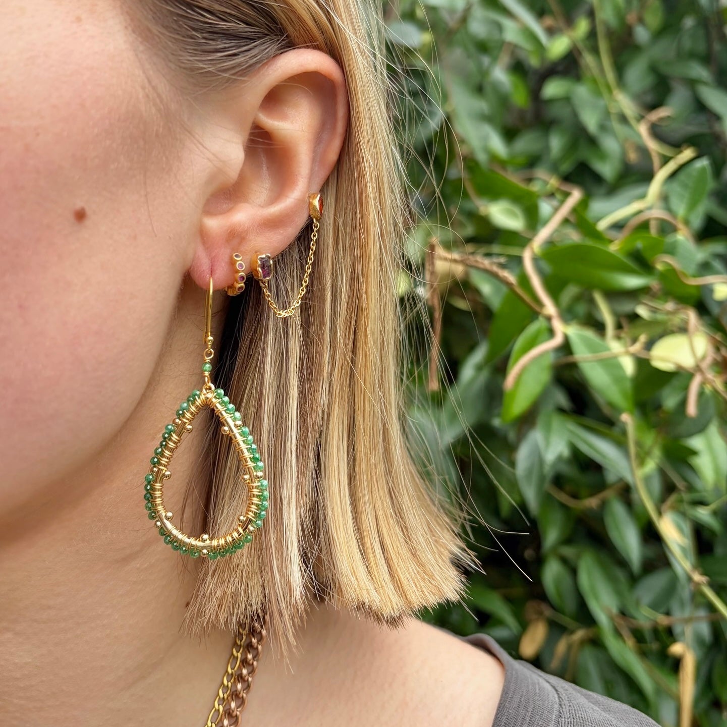 Dark Mint Green Jade Capri Bobble Teardrop Earrings