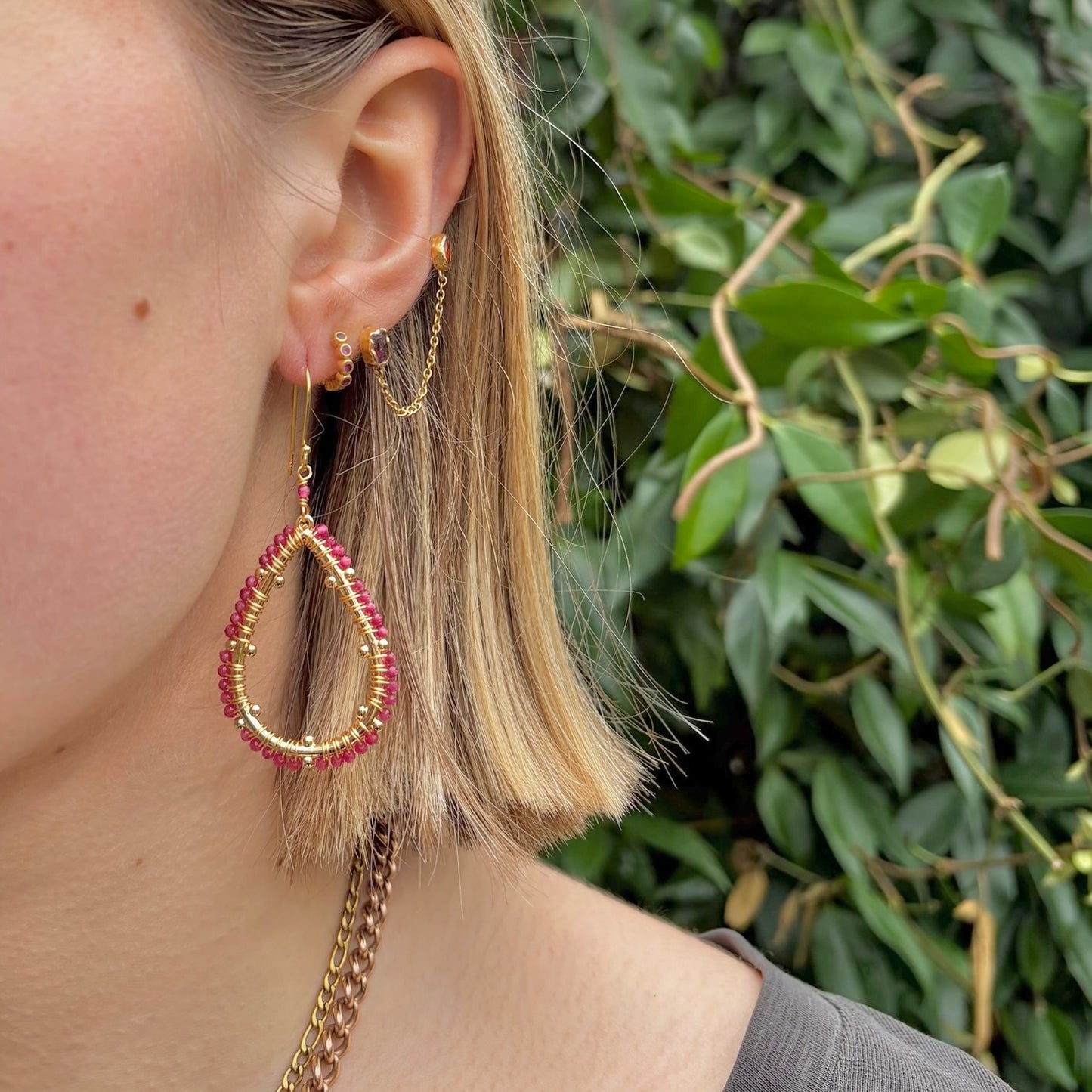 Fuchsia Pink Garnet Capri Bobble Teardrop Earrings